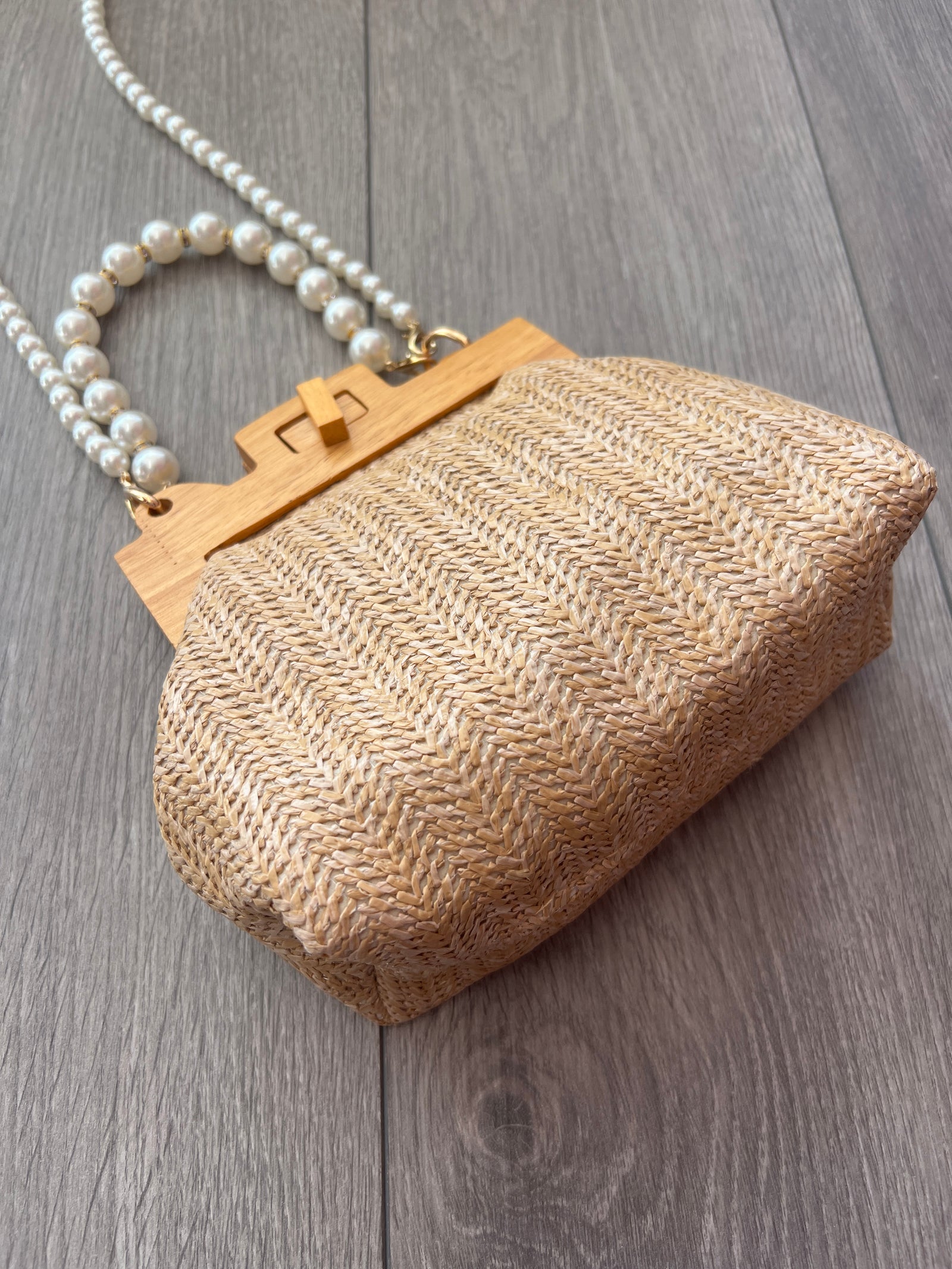 Beige Straw Weave Clutch Bag With Pearl Handle & Shoulder Strap-Fascinators Direct