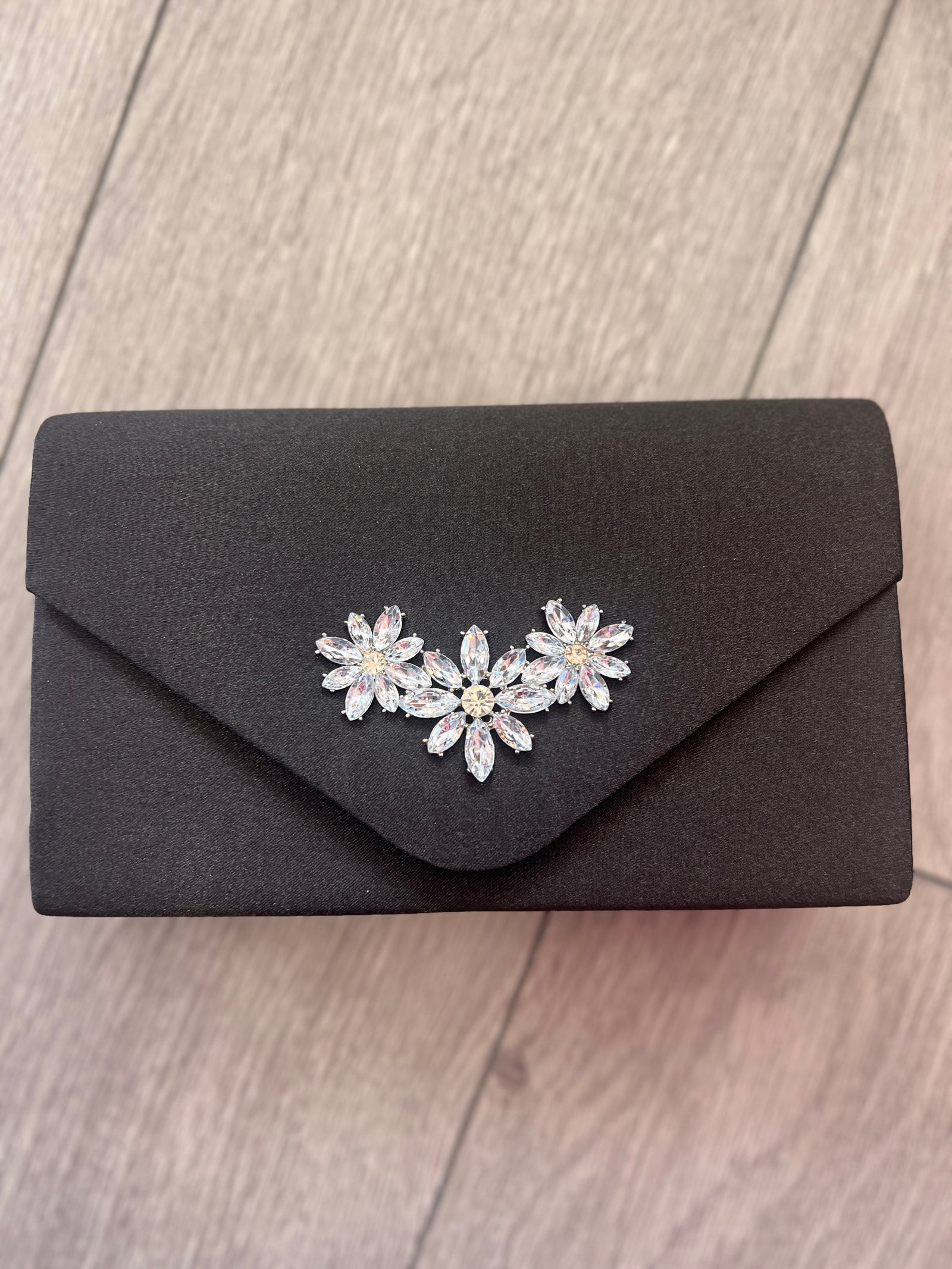 Black Envelope Clutch Bag With Diamante Flower Detail-Fascinators Direct
