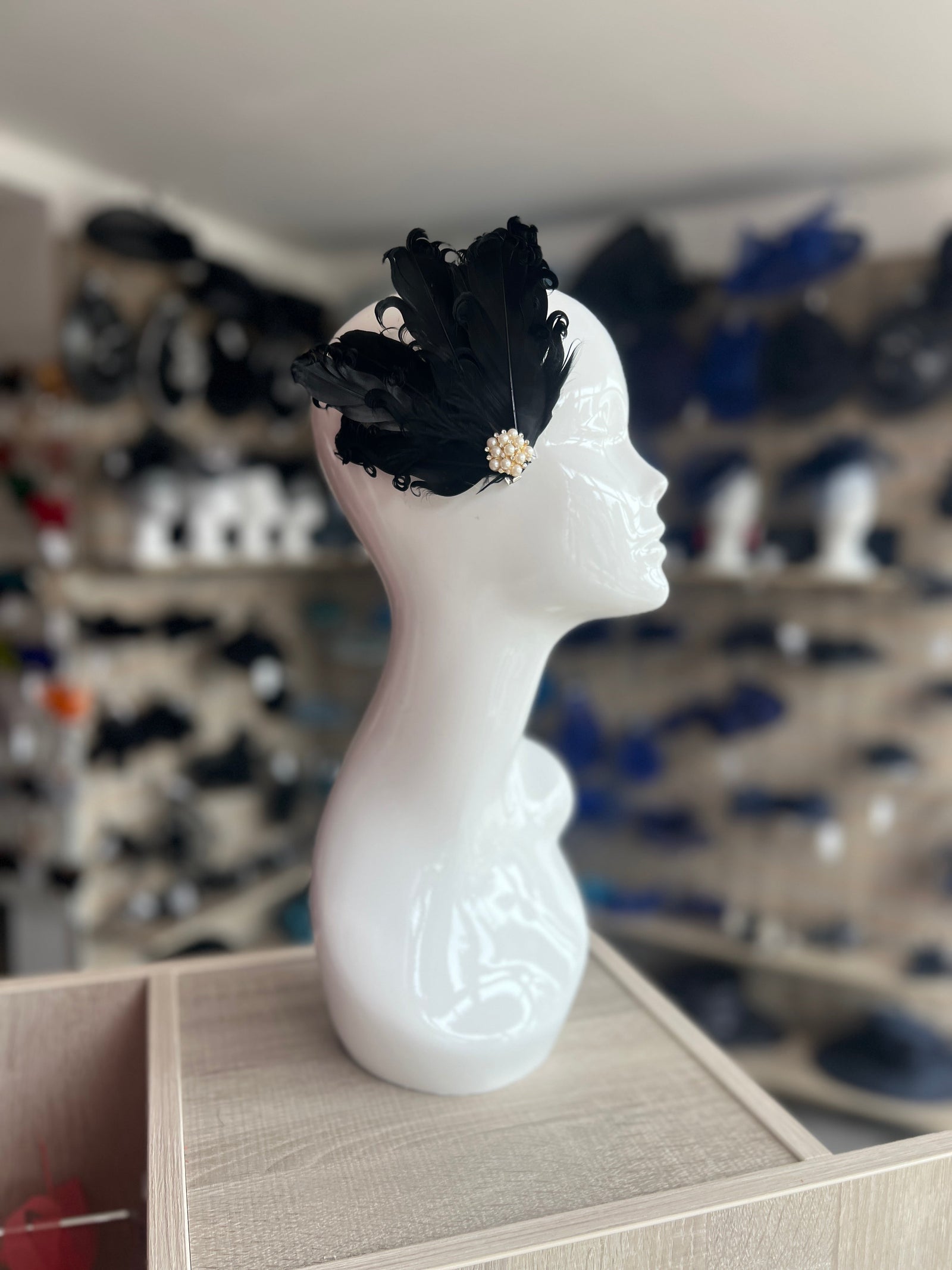 Black Fascinator Clip with Vintage Feathers & Pearls-Fascinators Direct