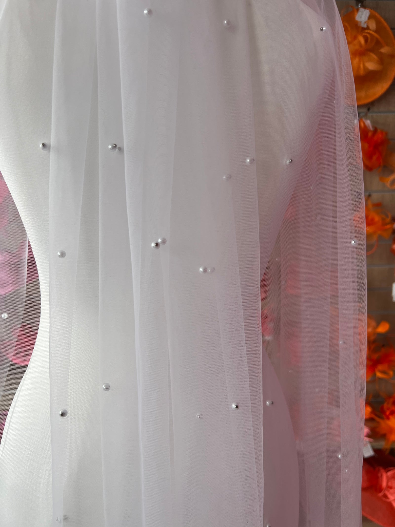 Bridal White Single Layer Fingertip Length Veil With Pearls-Fascinators Direct