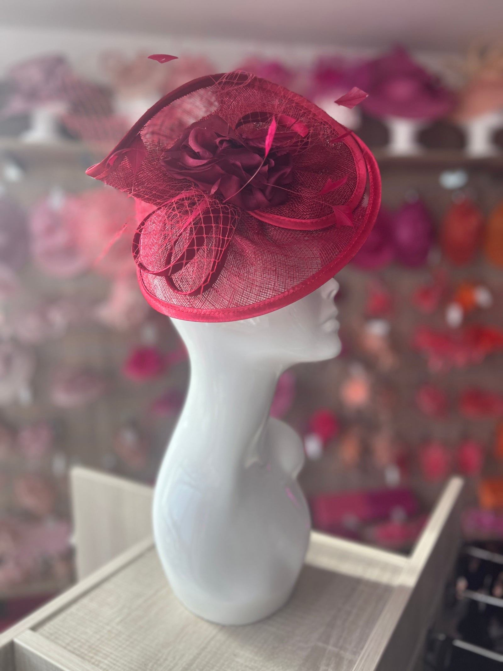 Burgundy Disc Fascinator with Fabric Rose & Netting-Fascinators Direct