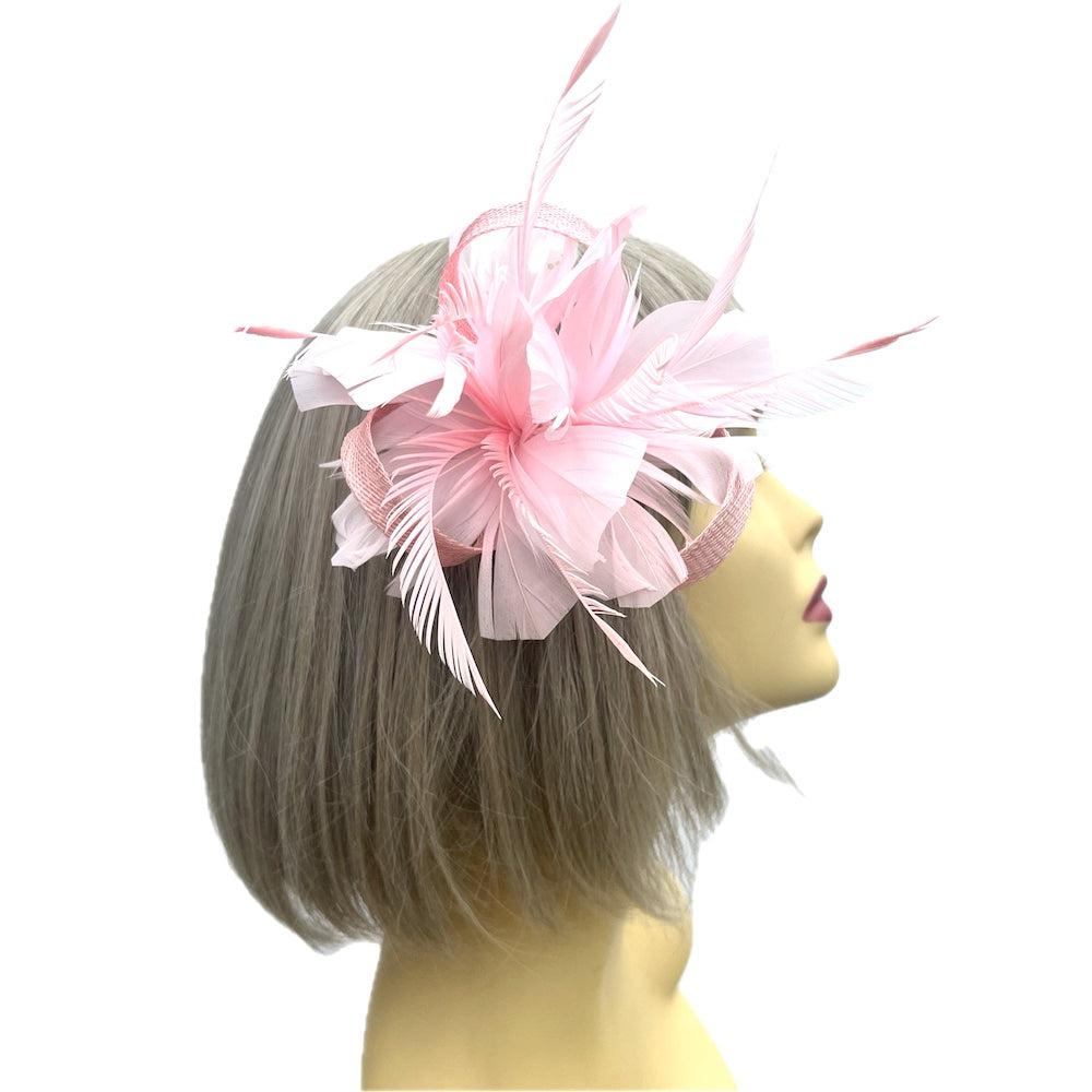 Clip On Pink Fascinator with Loops & Feather Flower-Fascinators Direct