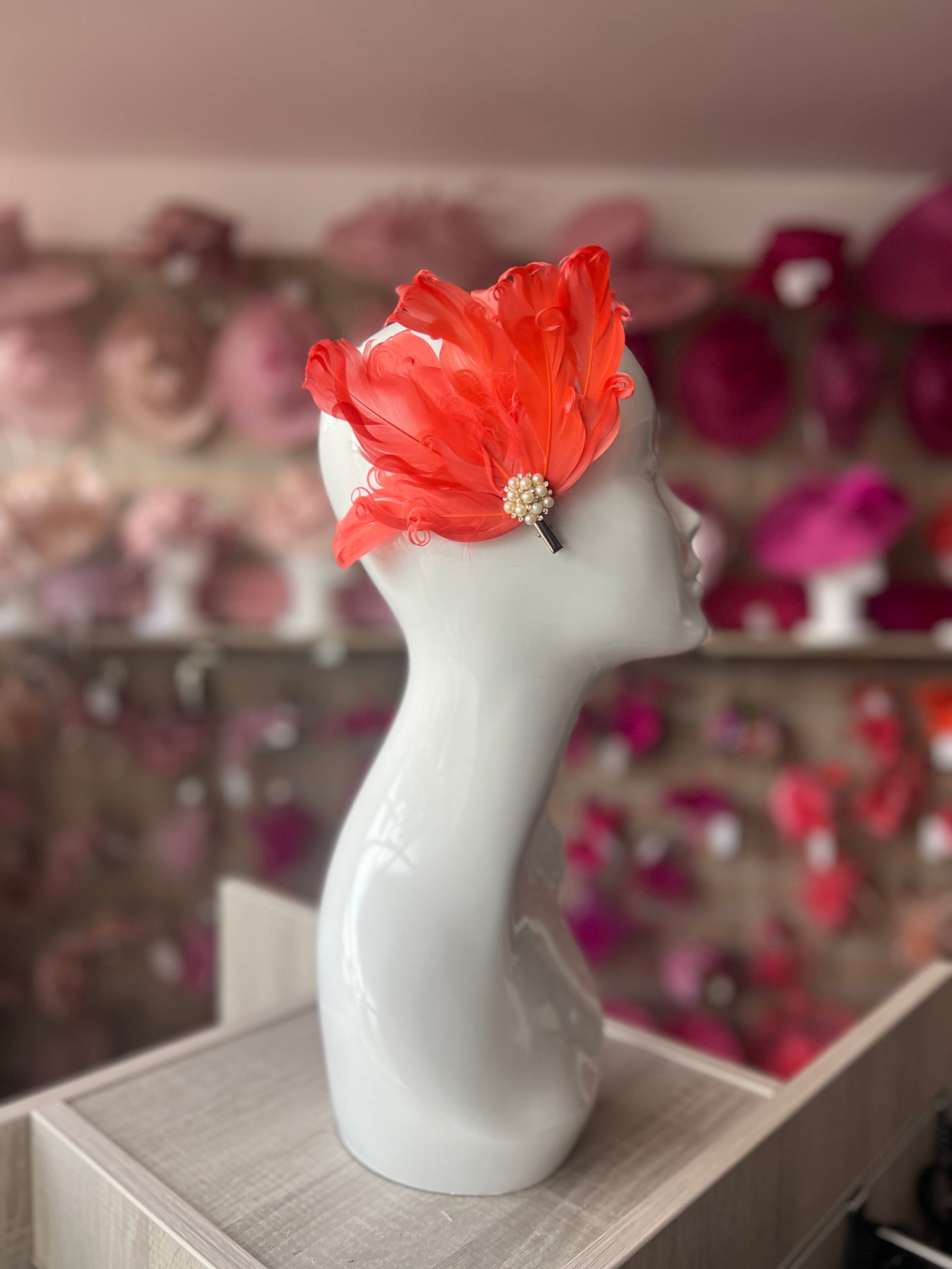 Coral Fascinator Clip with Vintage Feathers & Pearls-Fascinators Direct
