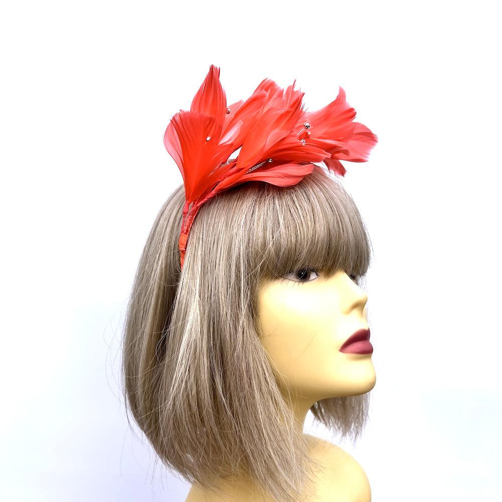 Coral Fascinator Headband with Feather Petals & Diamanté-Fascinators Direct