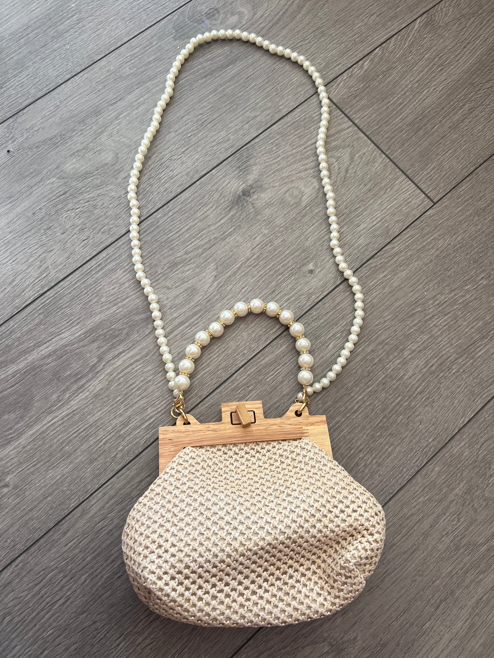 Cream Straw Weave Clutch Bag With Pearl Handle & Shoulder Strap-Fascinators Direct