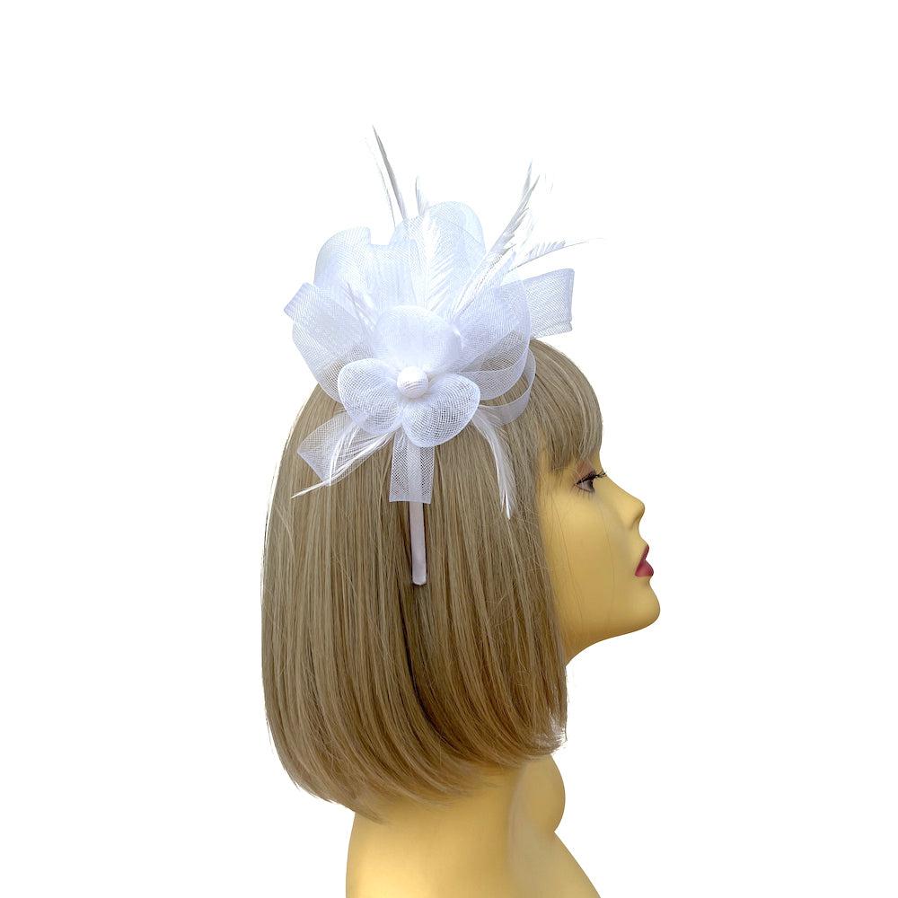 Crinoline Mesh White Flower Fascinator Headband-Fascinators Direct