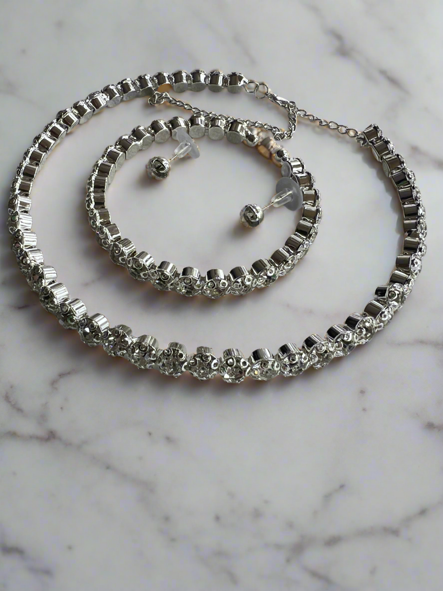 Diamante Earrings,Necklace & Bracelet Set-Silver-Fascinators Direct