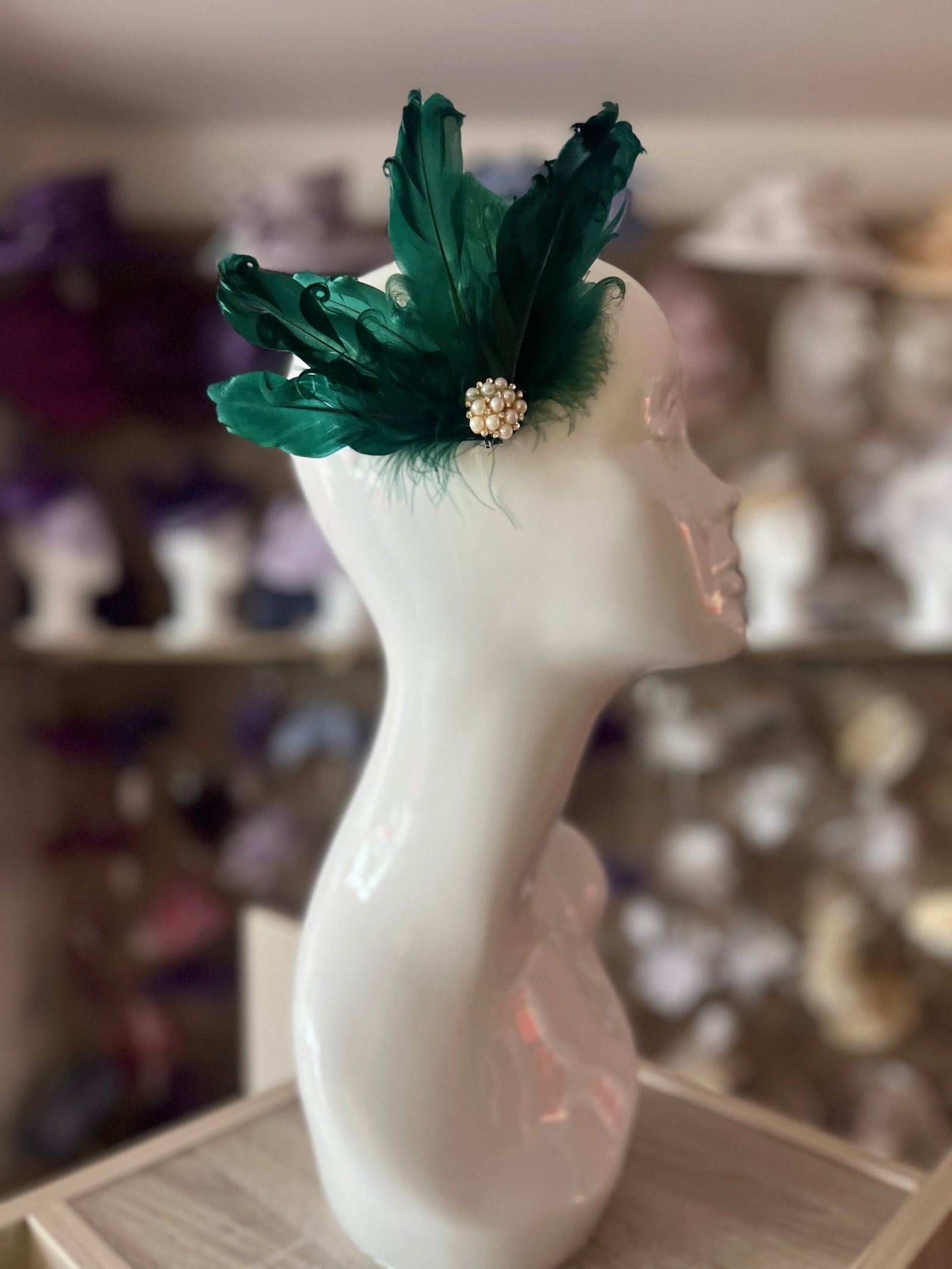 Forest Green Fascinator Clip with Vintage Feathers & Pearls-Fascinators Direct