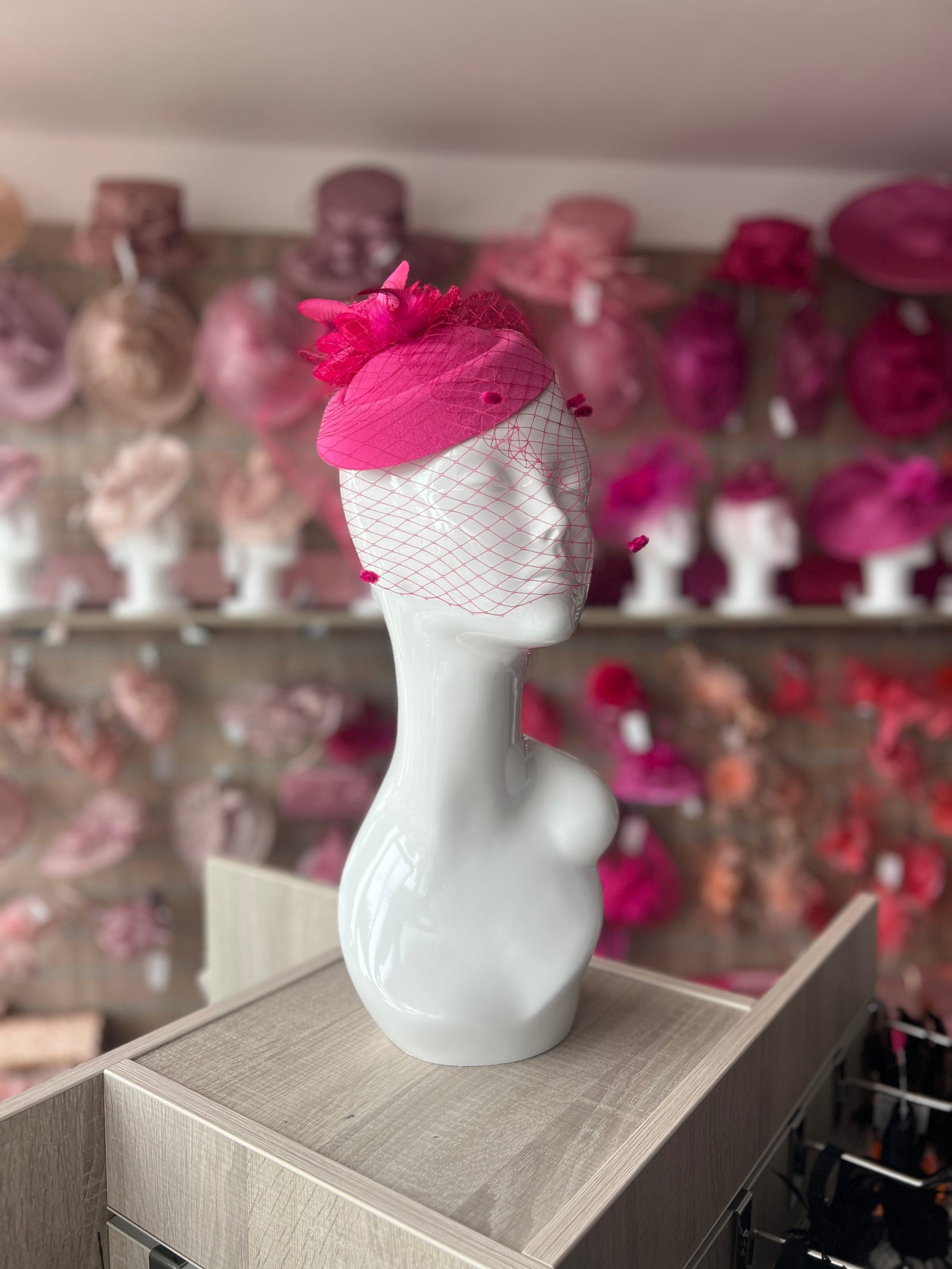 Fuchsia PillBox Hat Fascinator With Flower & Veil-Fascinators Direct