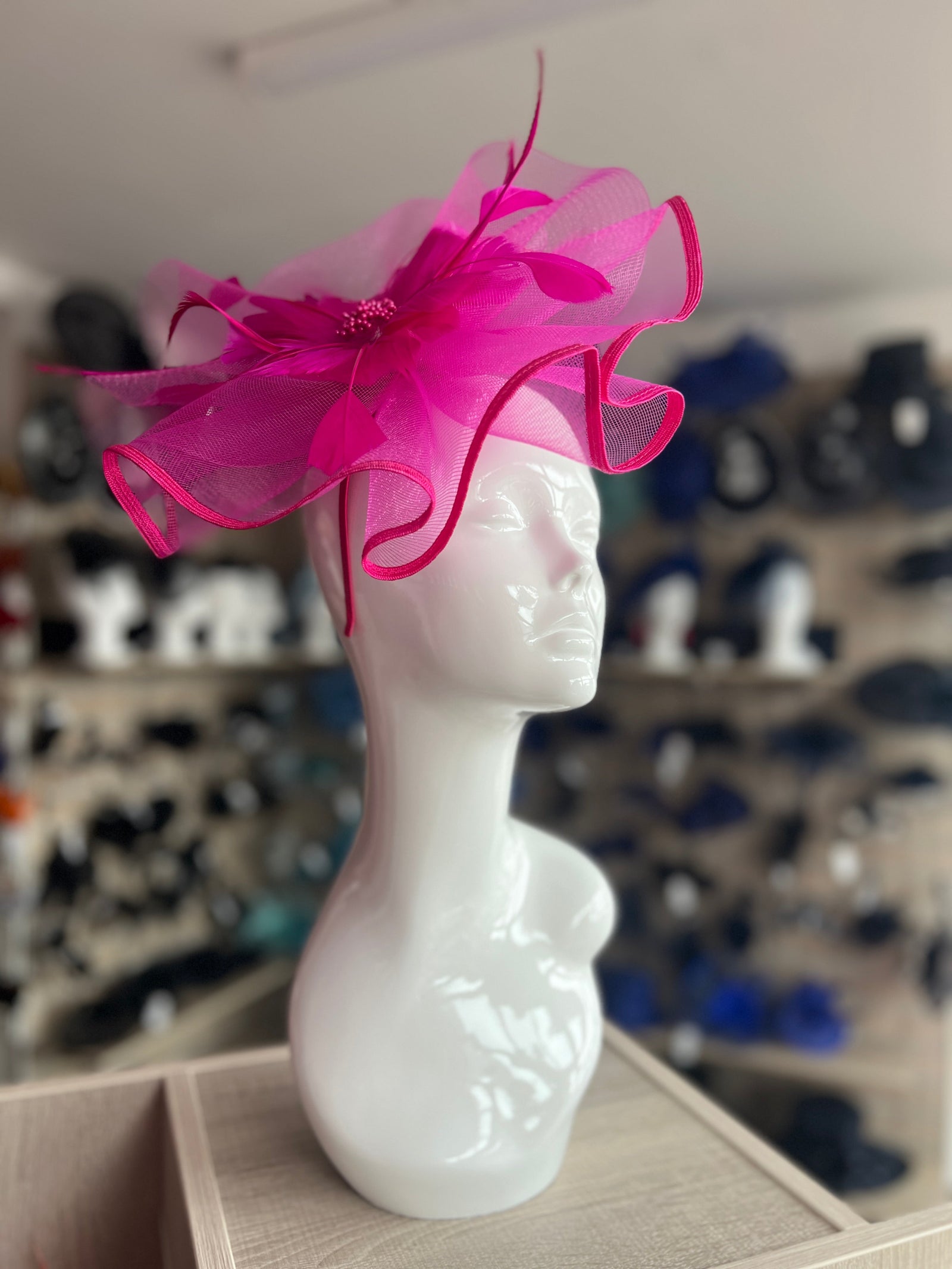 Hot Pink Large Fascinator with Ruched Crinoline & Flower-Fascinators Direct