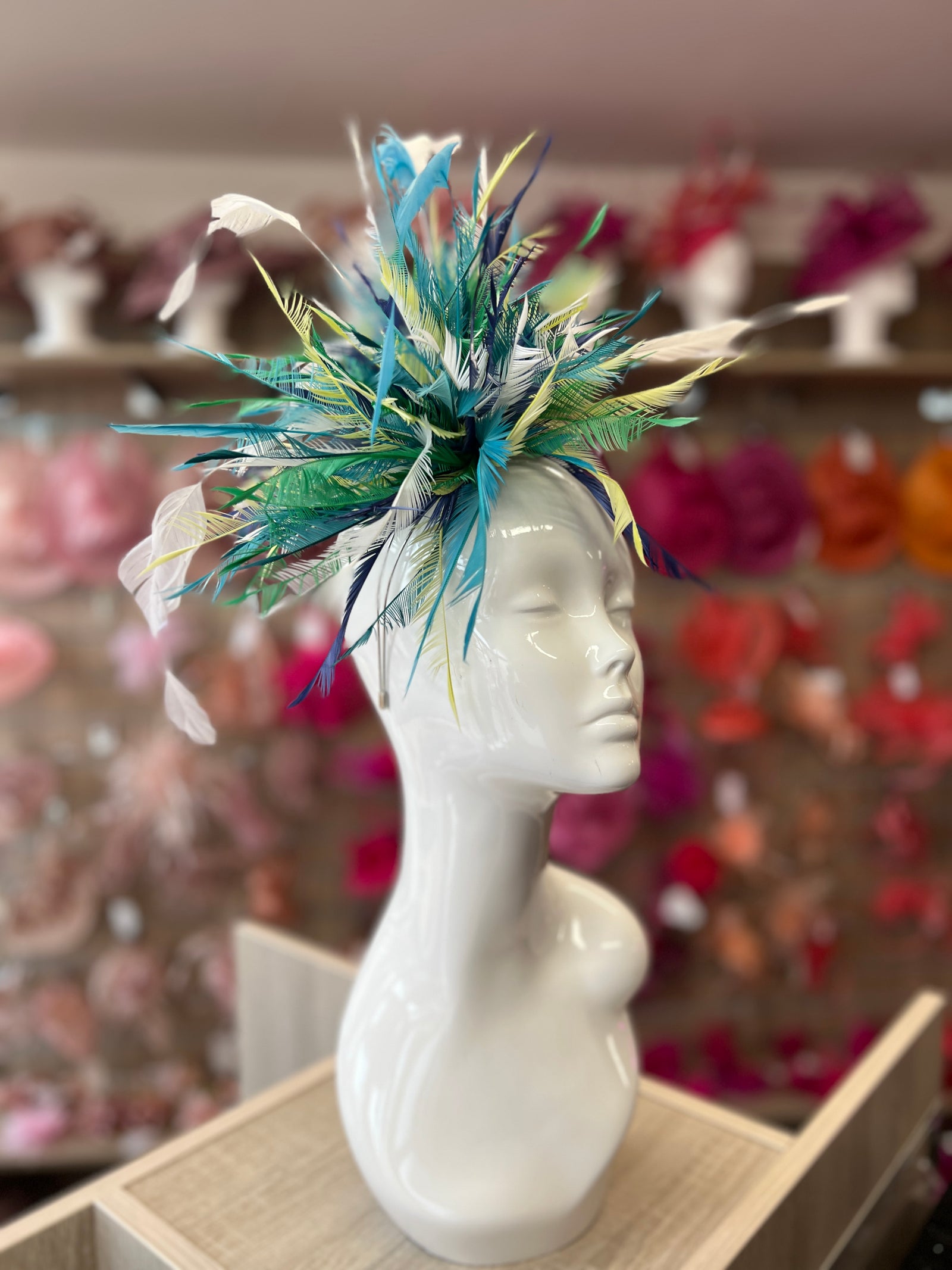Large All Feather Fascinator - White/Turquoise/Mix-Fascinators Direct