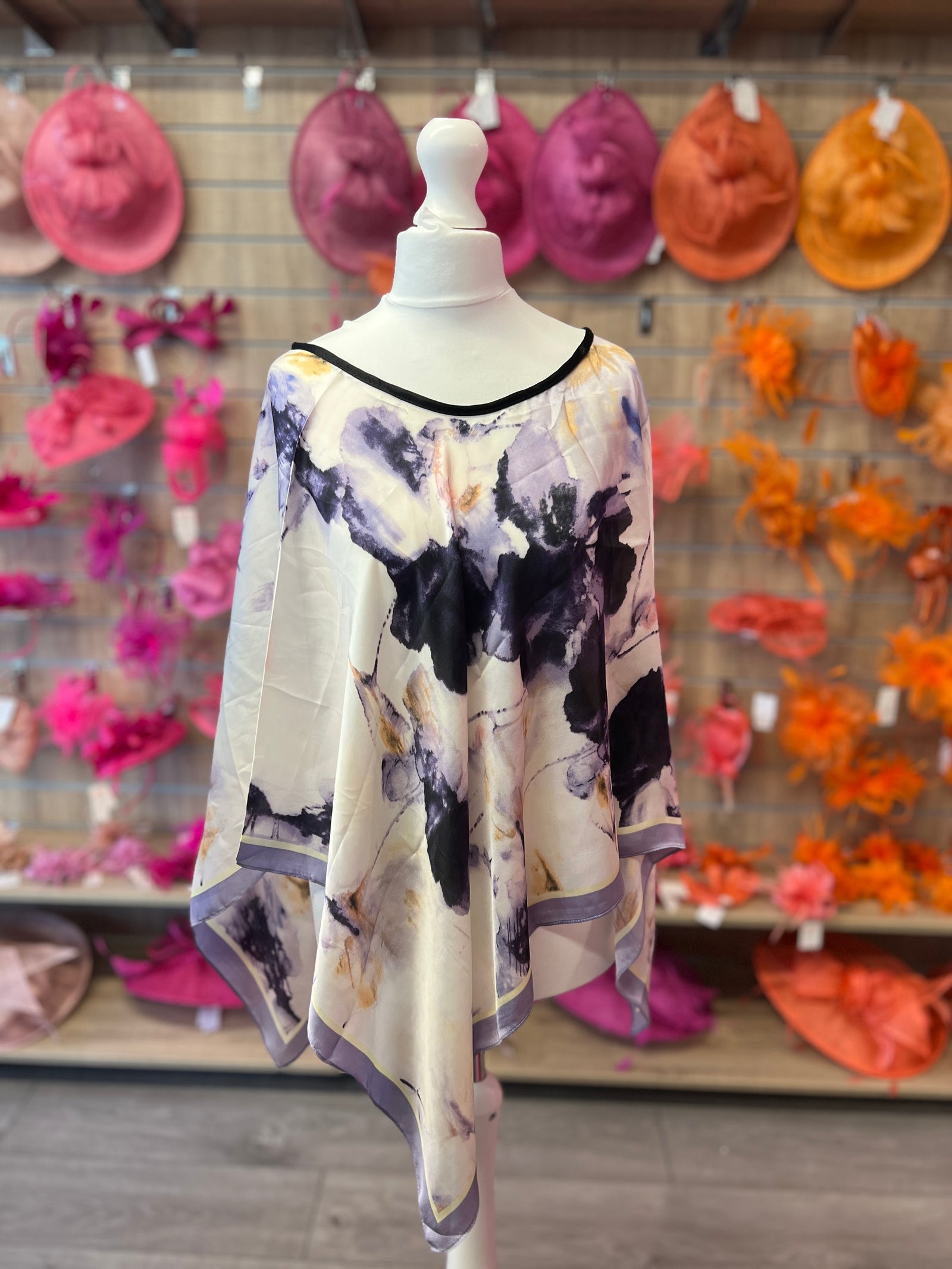 Lilac & Beige Patterned Silky Summer Poncho-Fascinators Direct