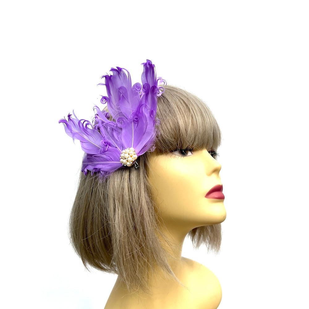 Lilac Fascinator Clip with Vintage Feathers & Pearls-Fascinators Direct