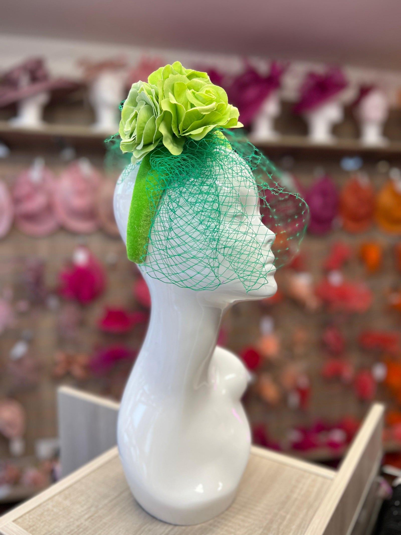 Lime Green Rose & Netting Chunky Headband Fascinator-Fascinators Direct