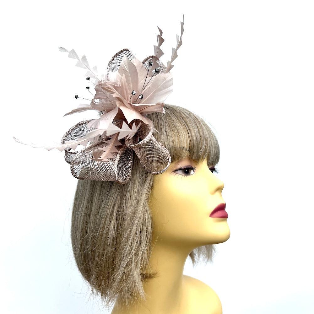 Metallic Beige Hair Fascinator with Diamanté & Feather Flower-Fascinators Direct