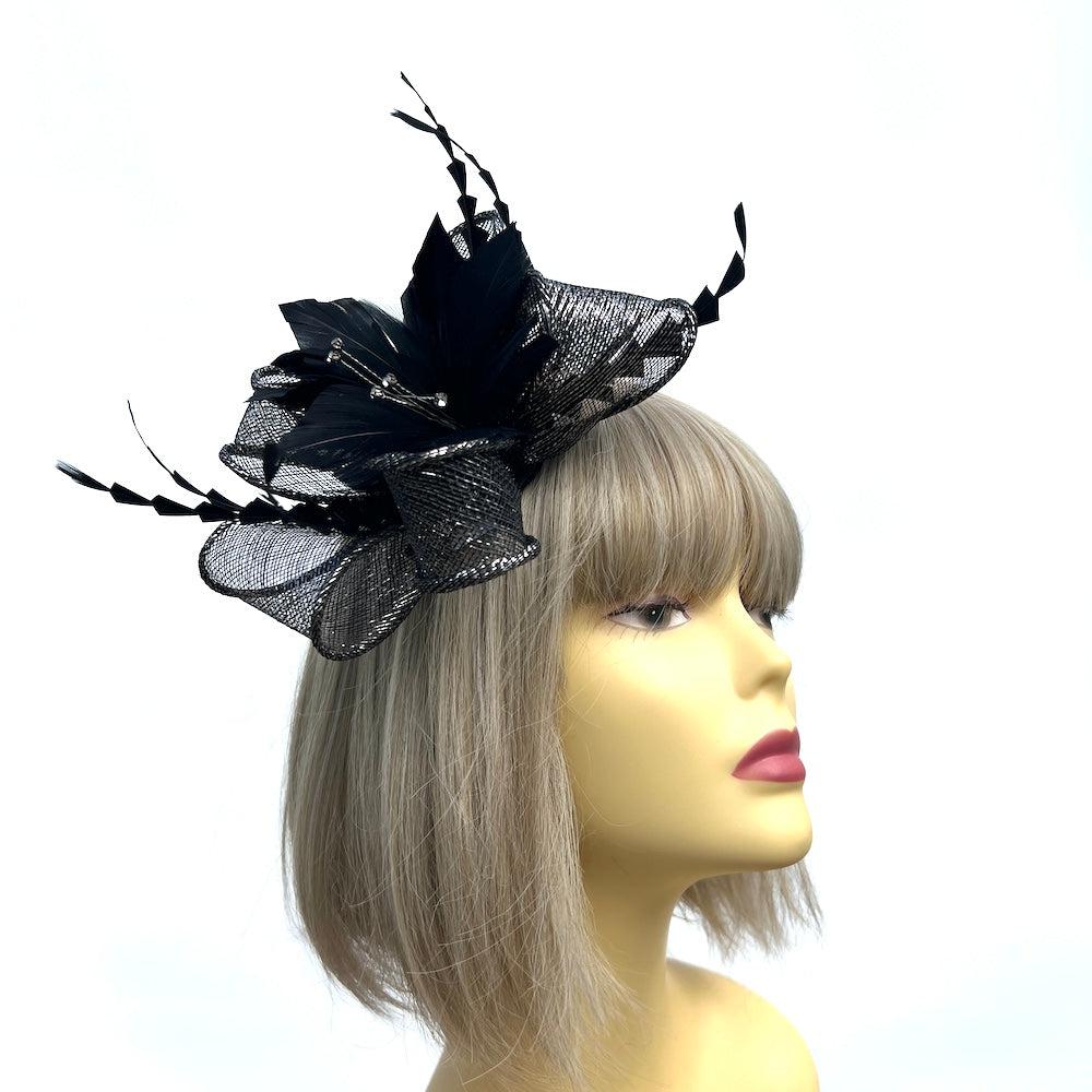 Metallic Black Hair Fascinator with Diamanté & Feather Flower-Fascinators Direct