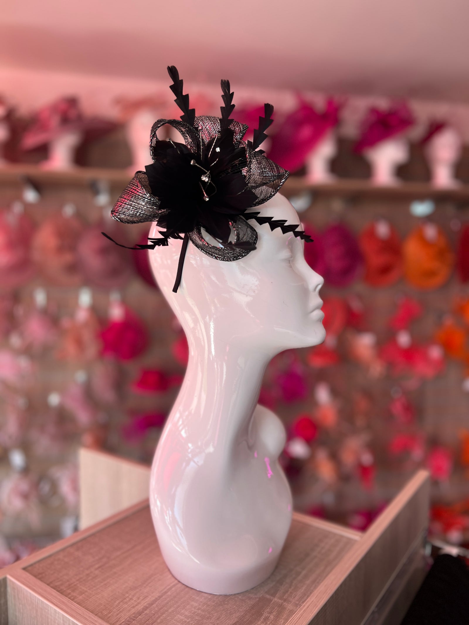 Metallic Black Hair Fascinator with Diamanté & Feather Flower-Fascinators Direct