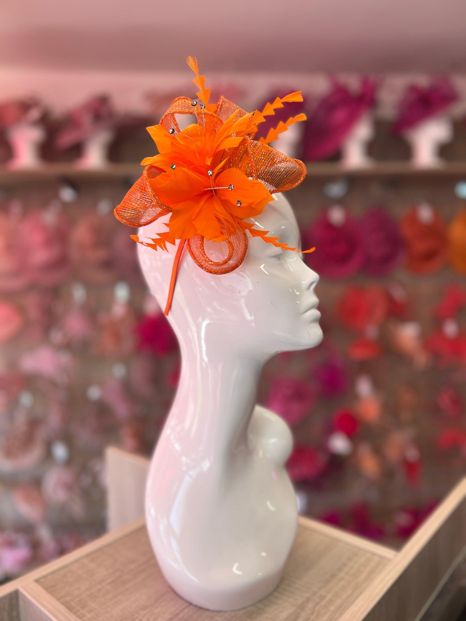 Metallic Orange Hair Fascinator with Diamanté & Feather Flower-Fascinators Direct
