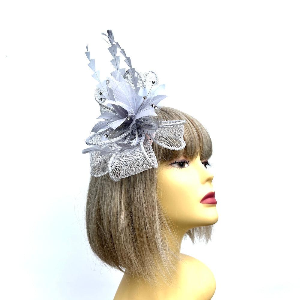Metallic Silver Hair Fascinator with Diamanté & Feather Flower-Fascinators Direct