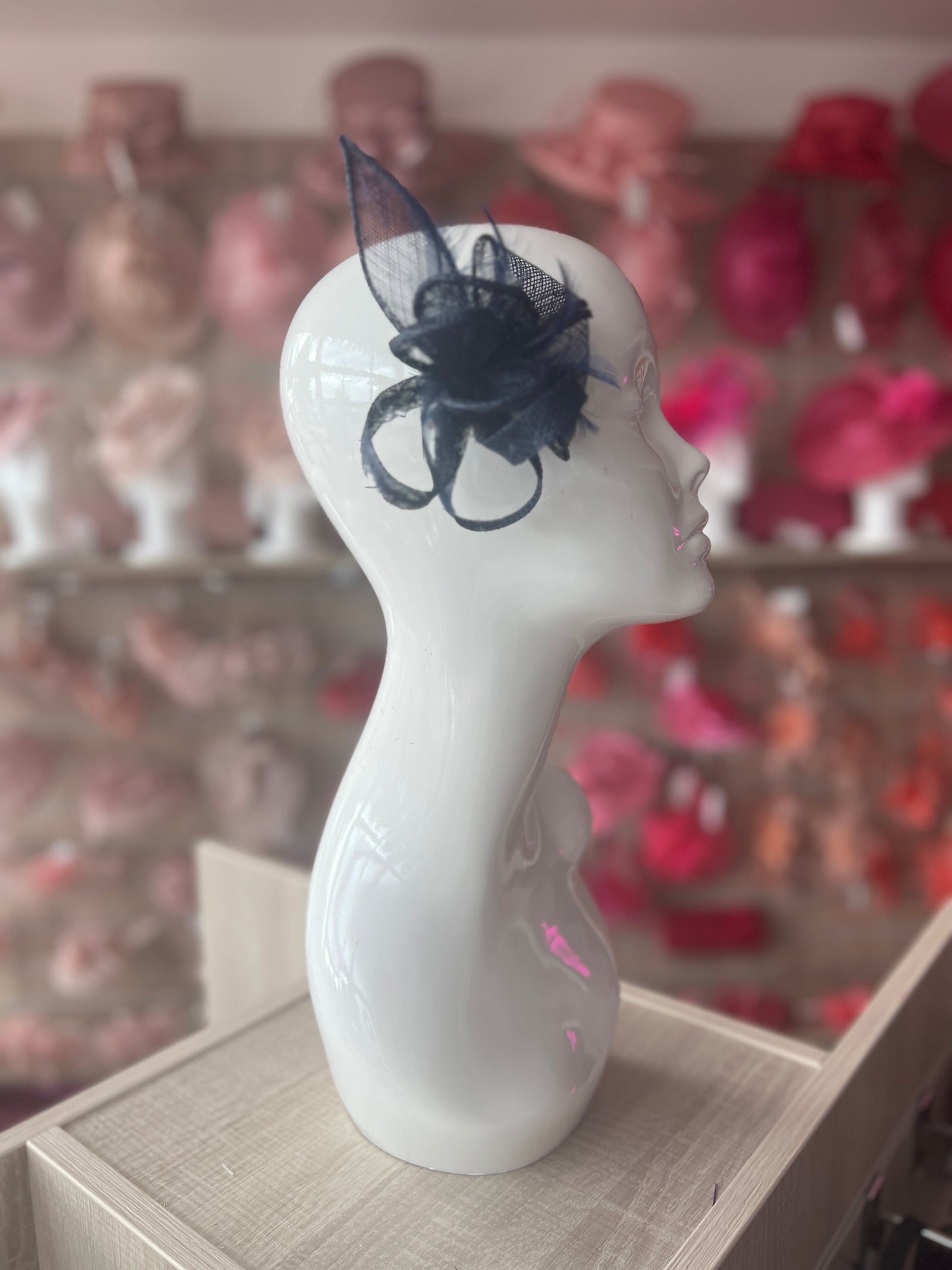 Navy Fascinator Clip with Sinamay & Feather Flower-Fascinators Direct