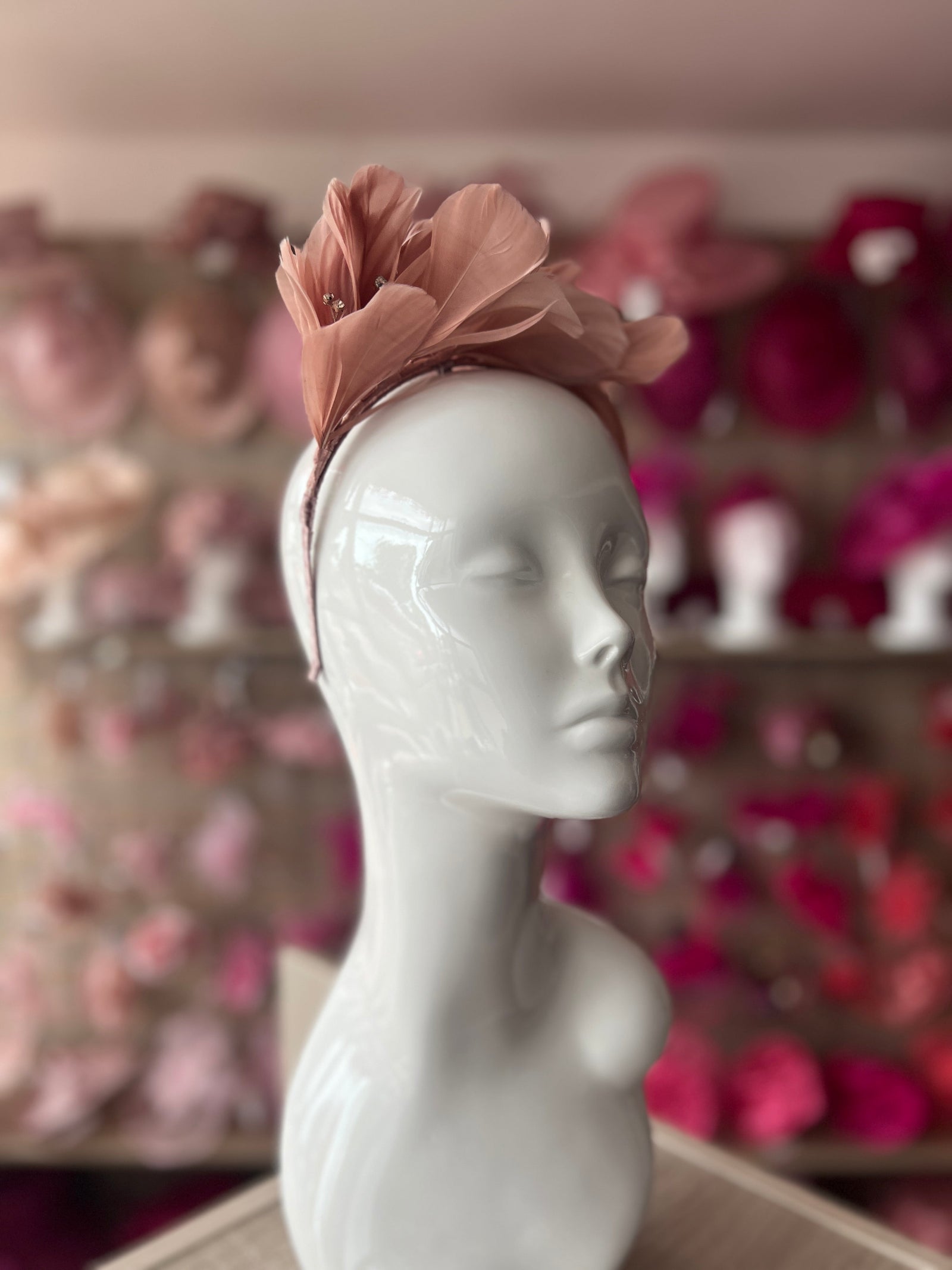Nude Pink Fascinator Headband with Feather Petals & Diamanté-Fascinators Direct