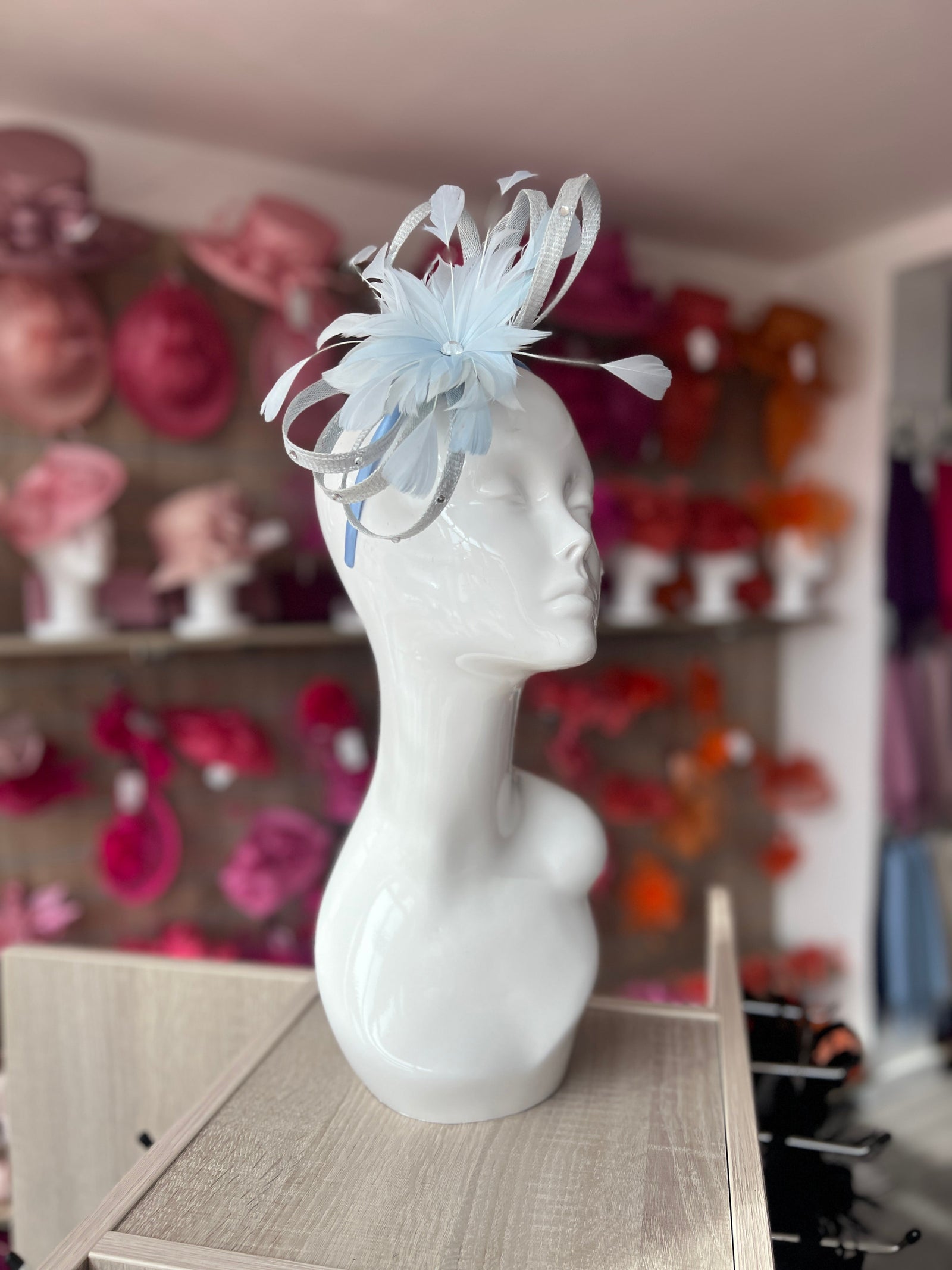 Pale Blue Fascinator With Diamanté Loops & Flower-Fascinators Direct