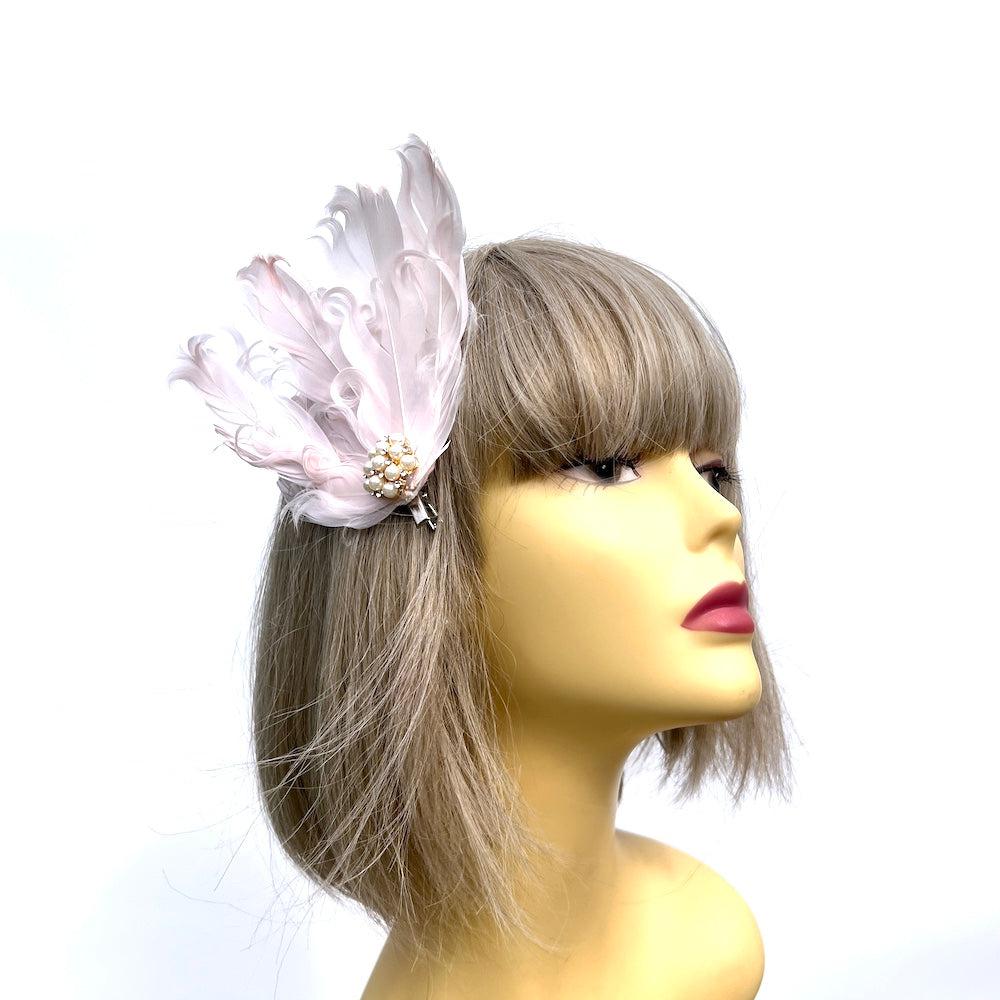 Pale Pink Fascinator Clip with Vintage Feathers & Pearls-Fascinators Direct