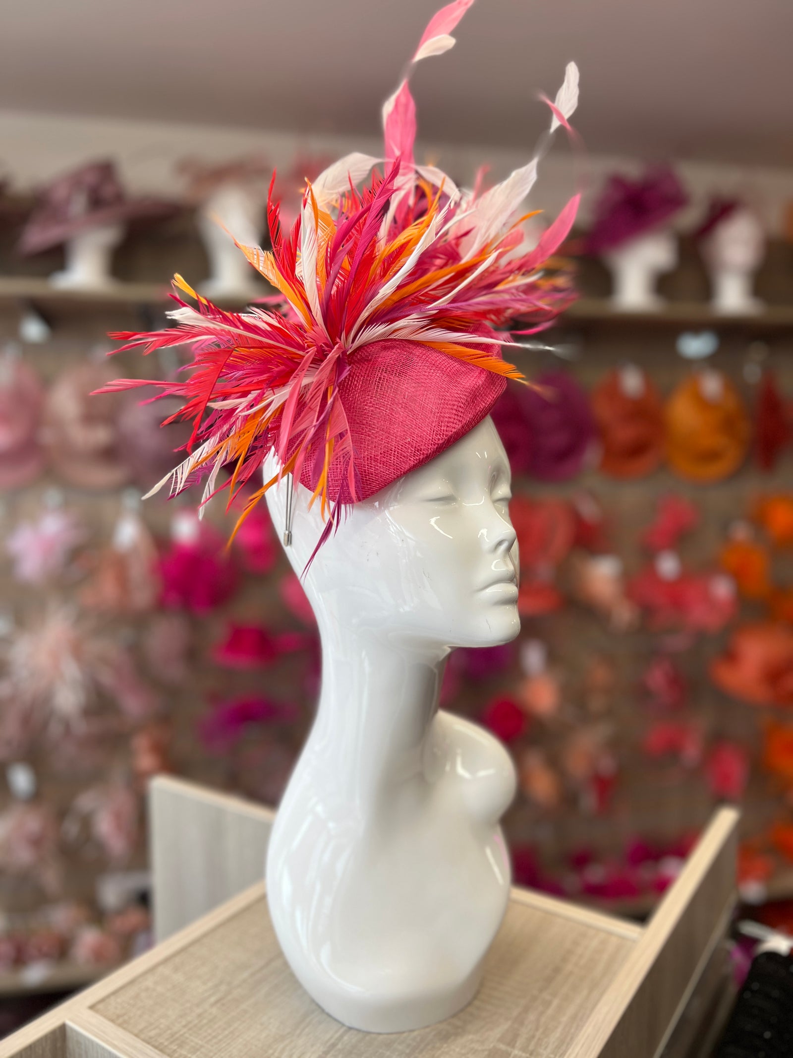Pillbox Fascinator Hat with Feathers - Cerise/White Mix-Fascinators Direct