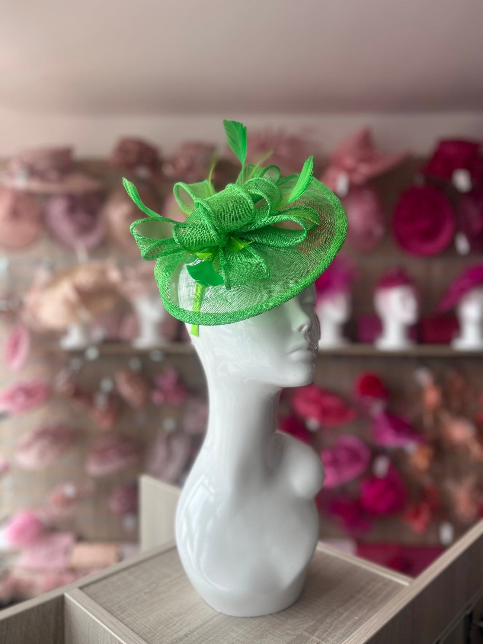 SPRING GREEN FASCINATOR WITH RUCHED SINAMAY & LOOPS-Fascinators Direct