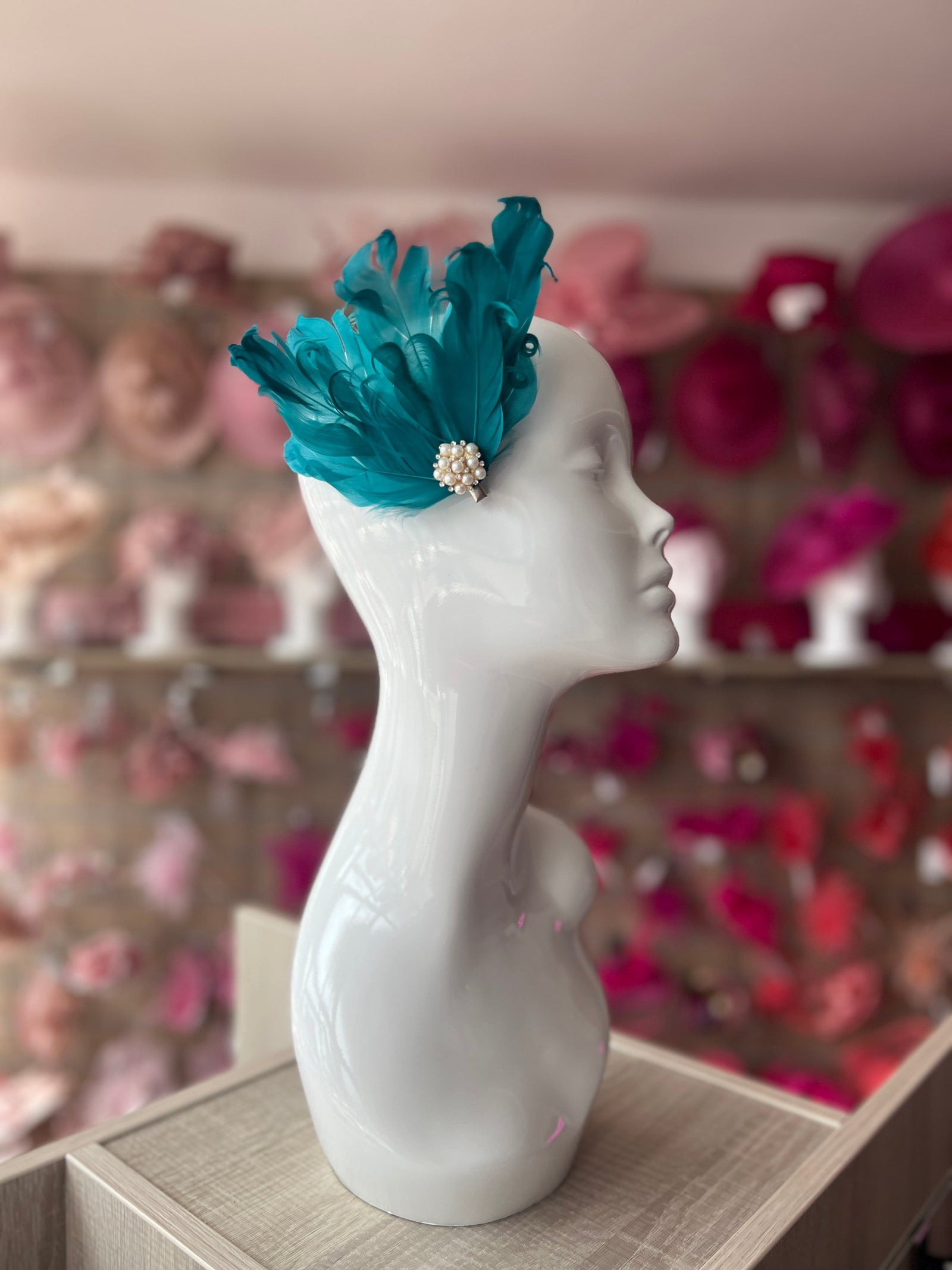 Teal Fascinator Clip with Vintage Feathers & Pearls-Fascinators Direct