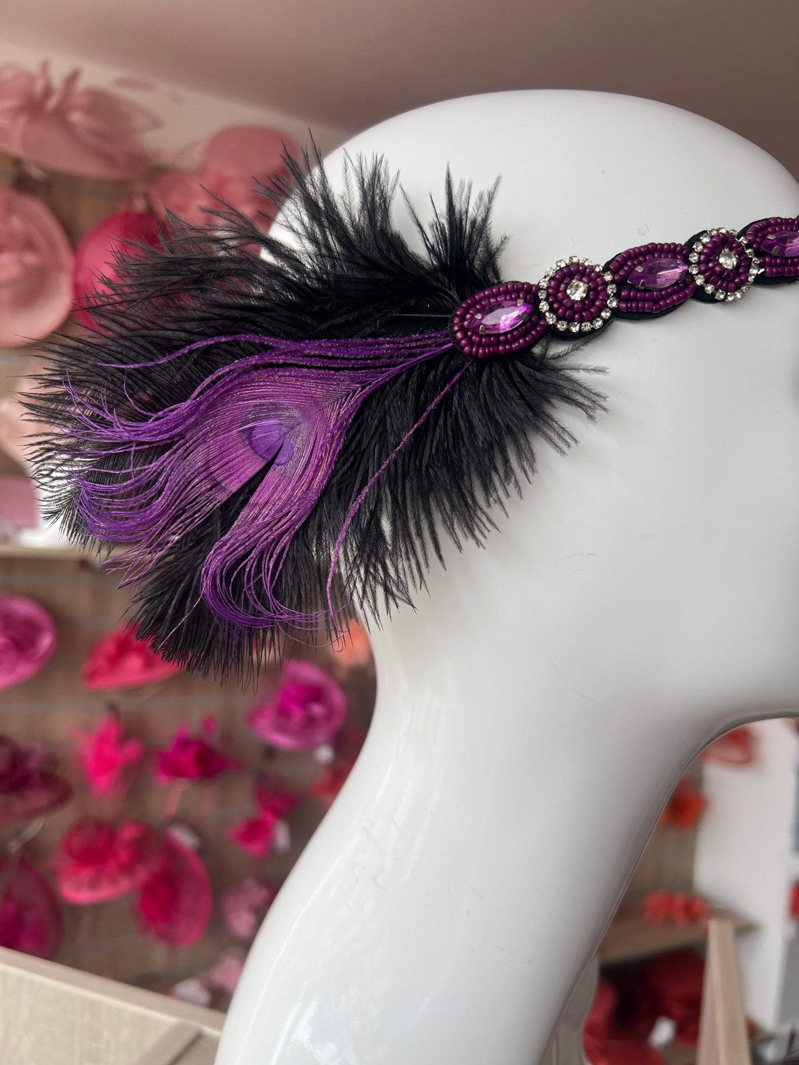 Vintage 1920s Headband Flapper Headpiece - Black & Purple-Fascinators Direct