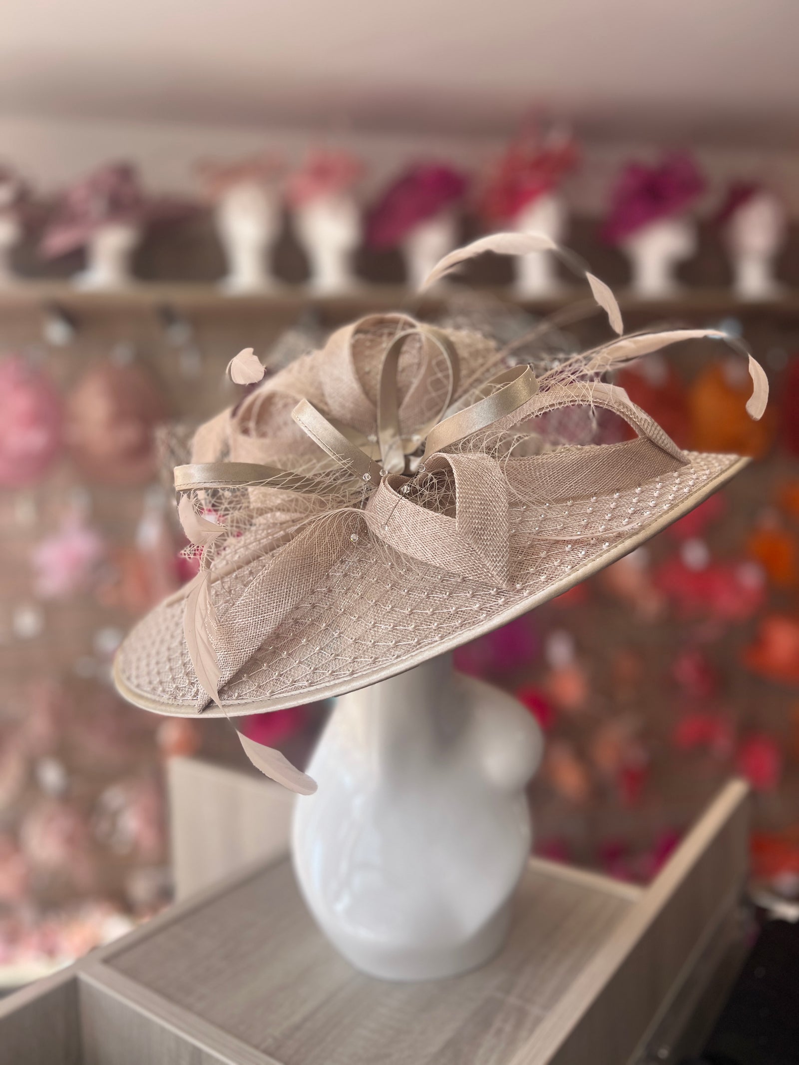 Wide Brim Deluxe Champagne Occasion Hat with Crystal Mesh-Fascinators Direct