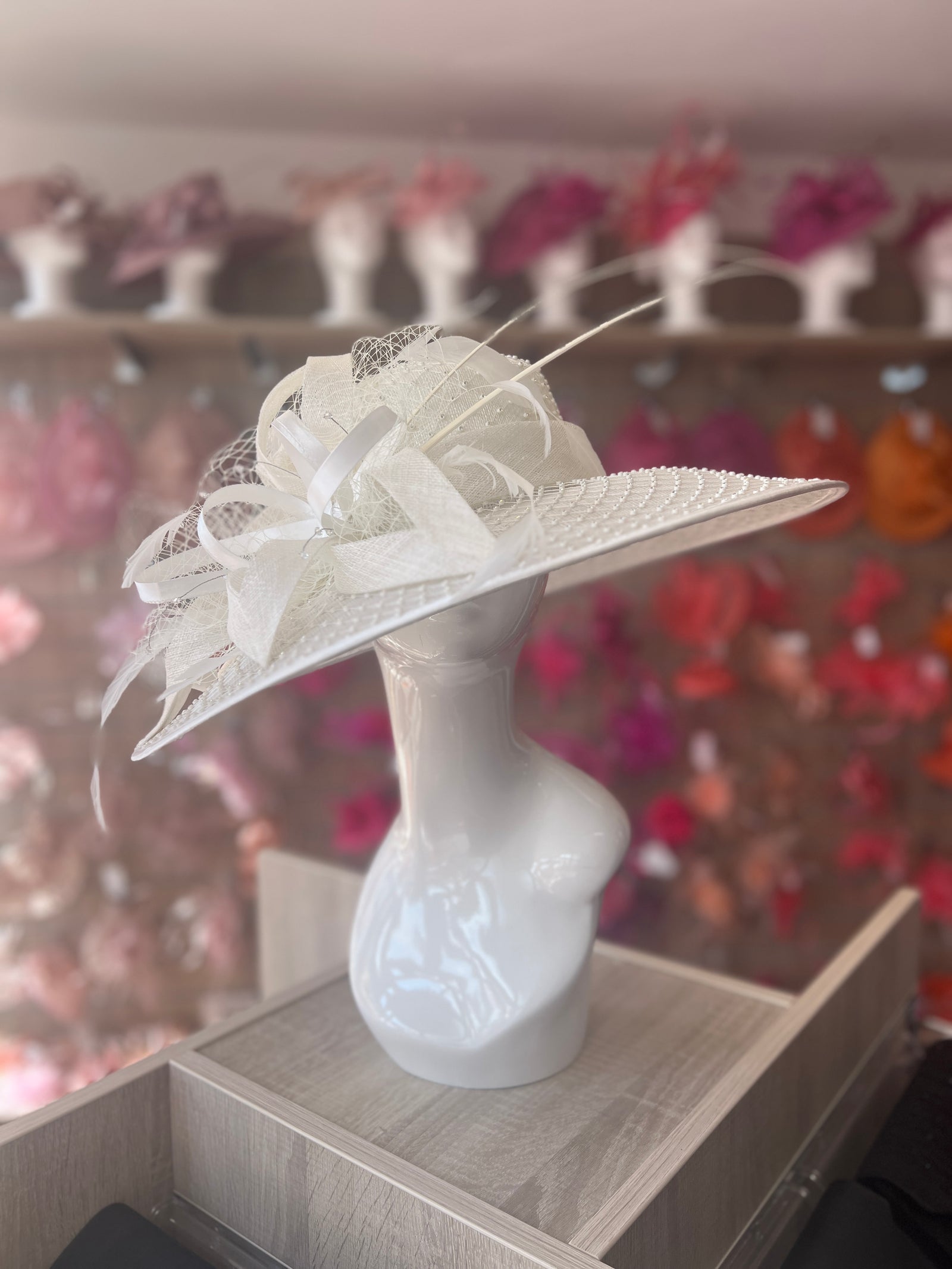 Wide Brim Deluxe Ivory Occasion Hat with Crystal Mesh-Fascinators Direct