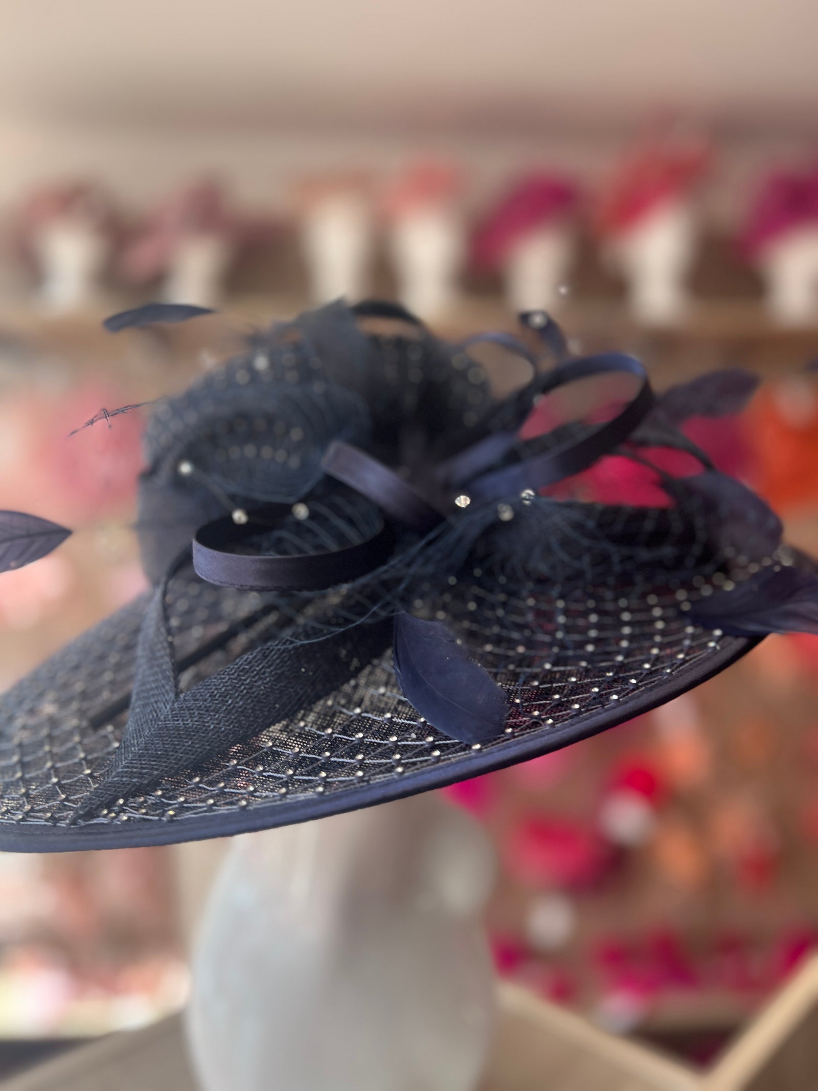 Wide Brim Deluxe Navy Occasion Hat with Crystal Mesh-Fascinators Direct