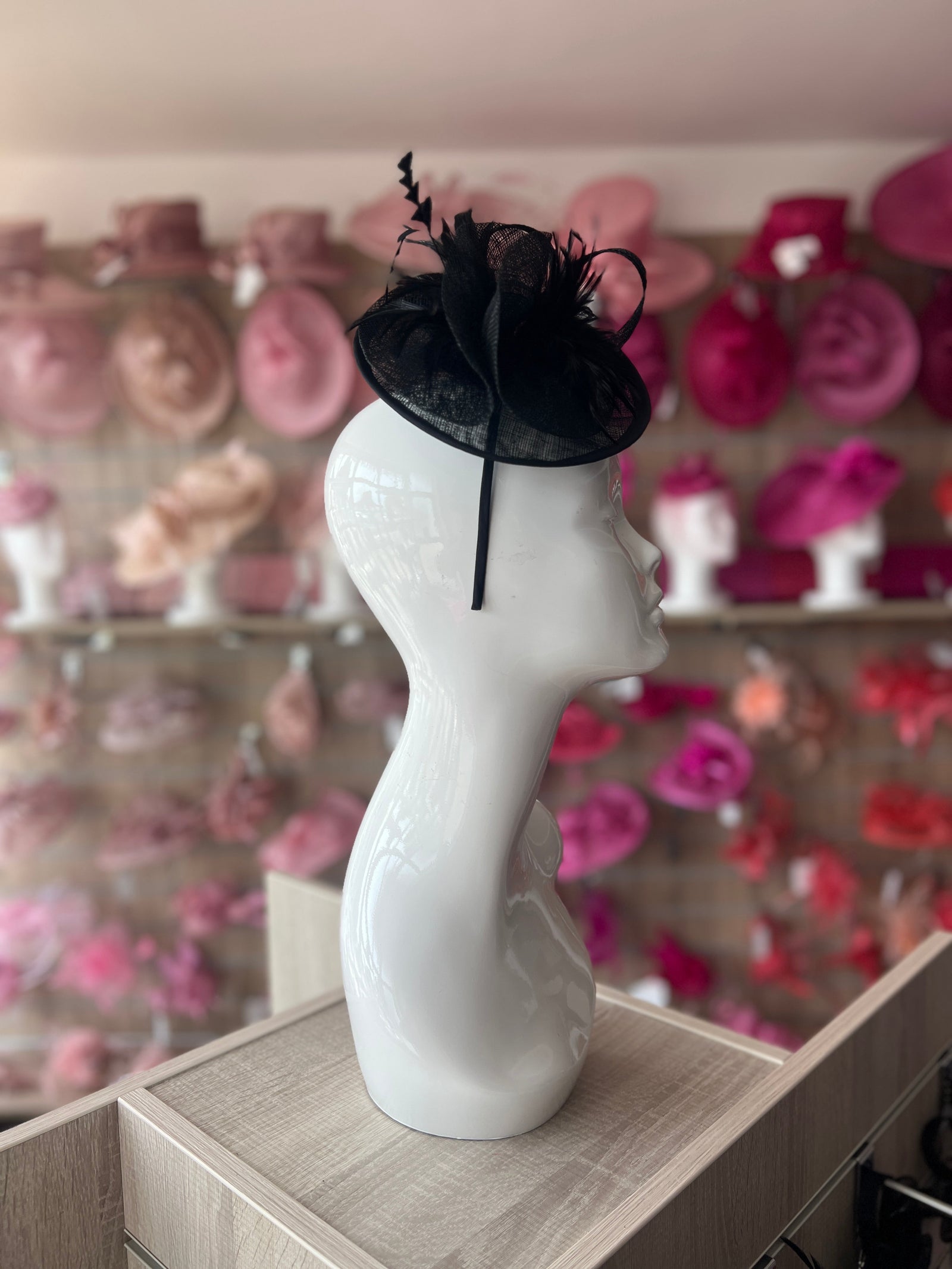 Wispy Feather & Twisted Sinamay Black Disc Fascinator-Fascinators Direct