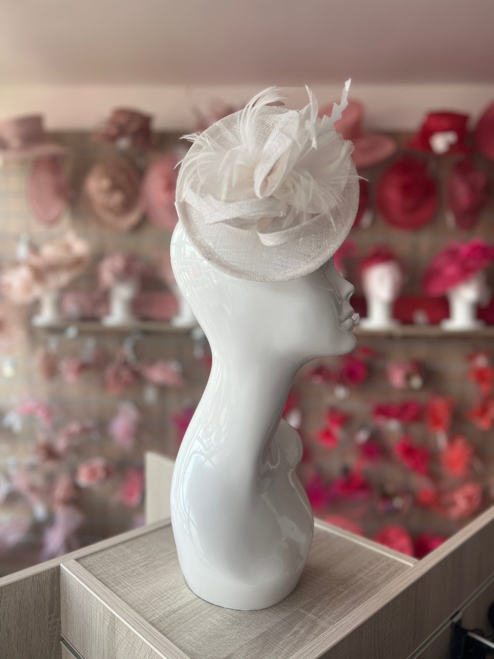 Wispy Feather & Twisted Sinamay White Disc Fascinator-Fascinators Direct