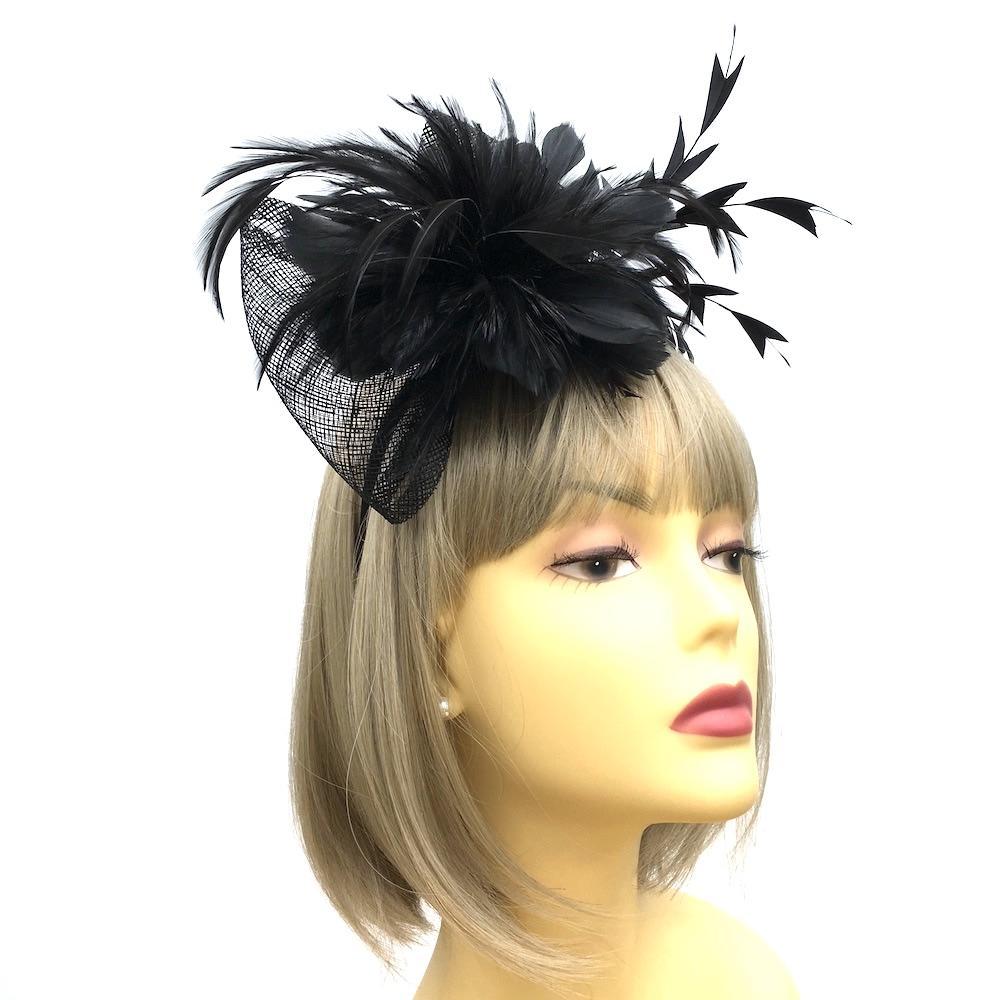 Black Fascinator Hair Band with Bow & Feathers-Fascinators Direct