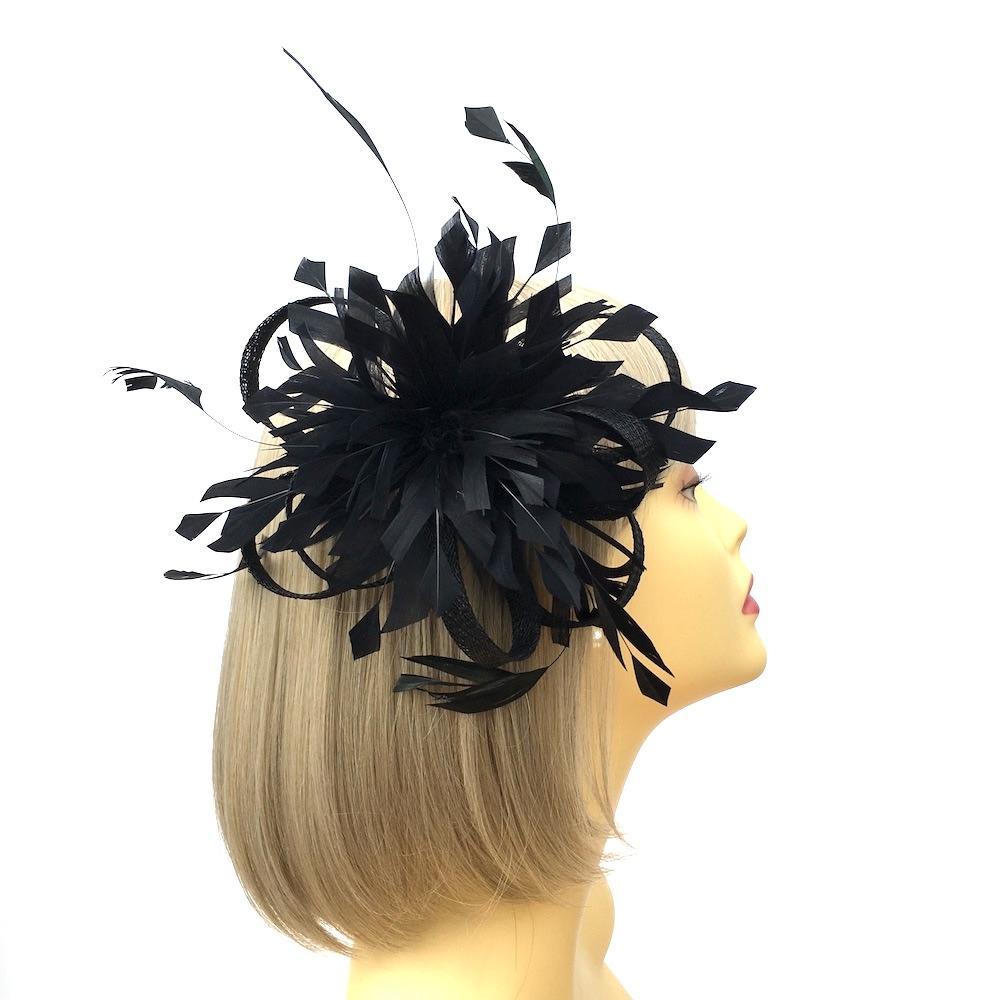 Black Feather Fascinator with Sinamay Loops-Fascinators Direct