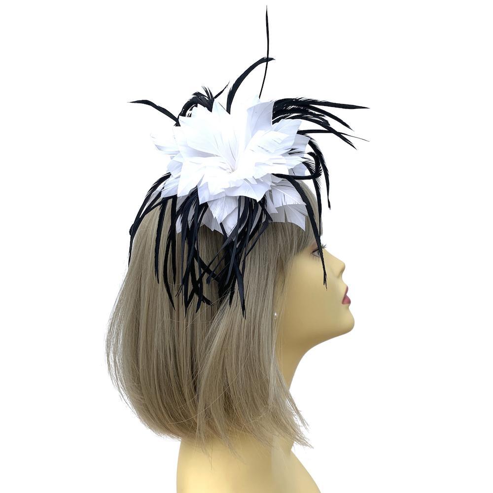Black & White Fascinator Headband with Feather Flower-Fascinators Direct