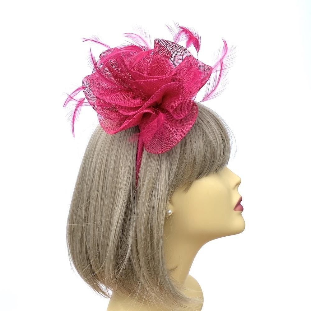 Bright Pink Sinamay Rose Fascinator Headband with Feathers-Fascinators Direct