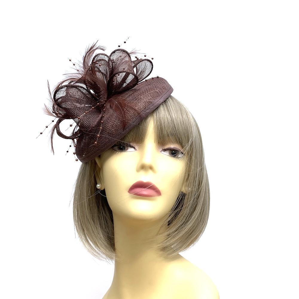 Brown Sinamay Pillbox Fascinator with Feathers & Beads-Fascinators Direct