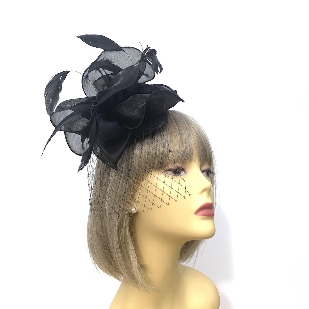 Chiffon Flower Metallic Black Fascinator Headband-Fascinators Direct
