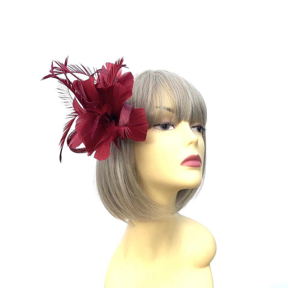 Clip On Burgundy Fascinator with Loops & Feather Flower-Fascinators Direct