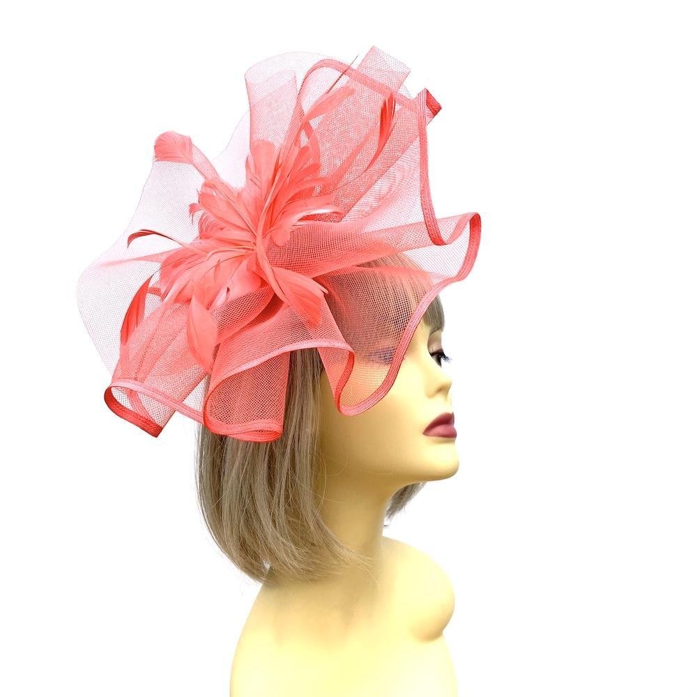 Coral Large Fascinator with Ruched Crinoline & Flower-Fascinators Direct