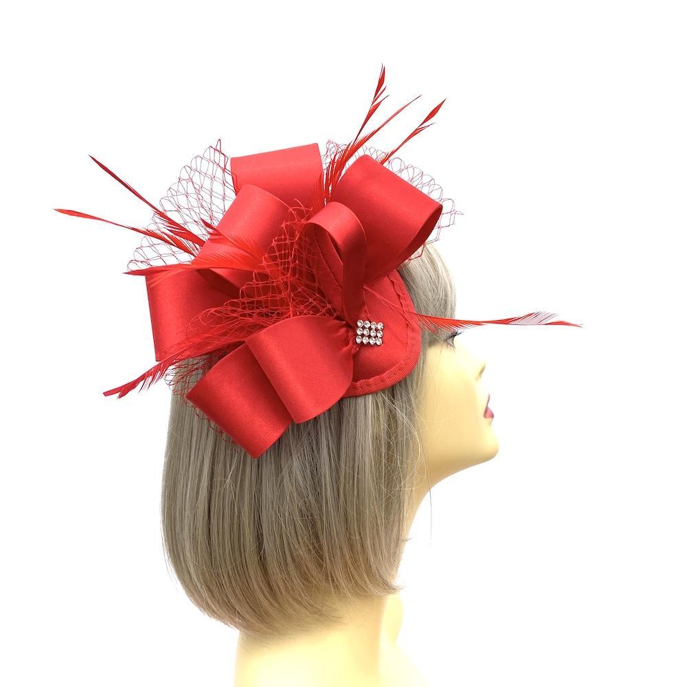 Deluxe Red Fascinator with Looped Satin & Diamante Detail-Fascinators Direct