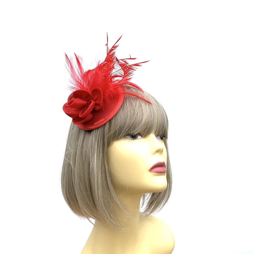 Lipstick Red Disc Fascinator with Flower & Feathers-Fascinators Direct