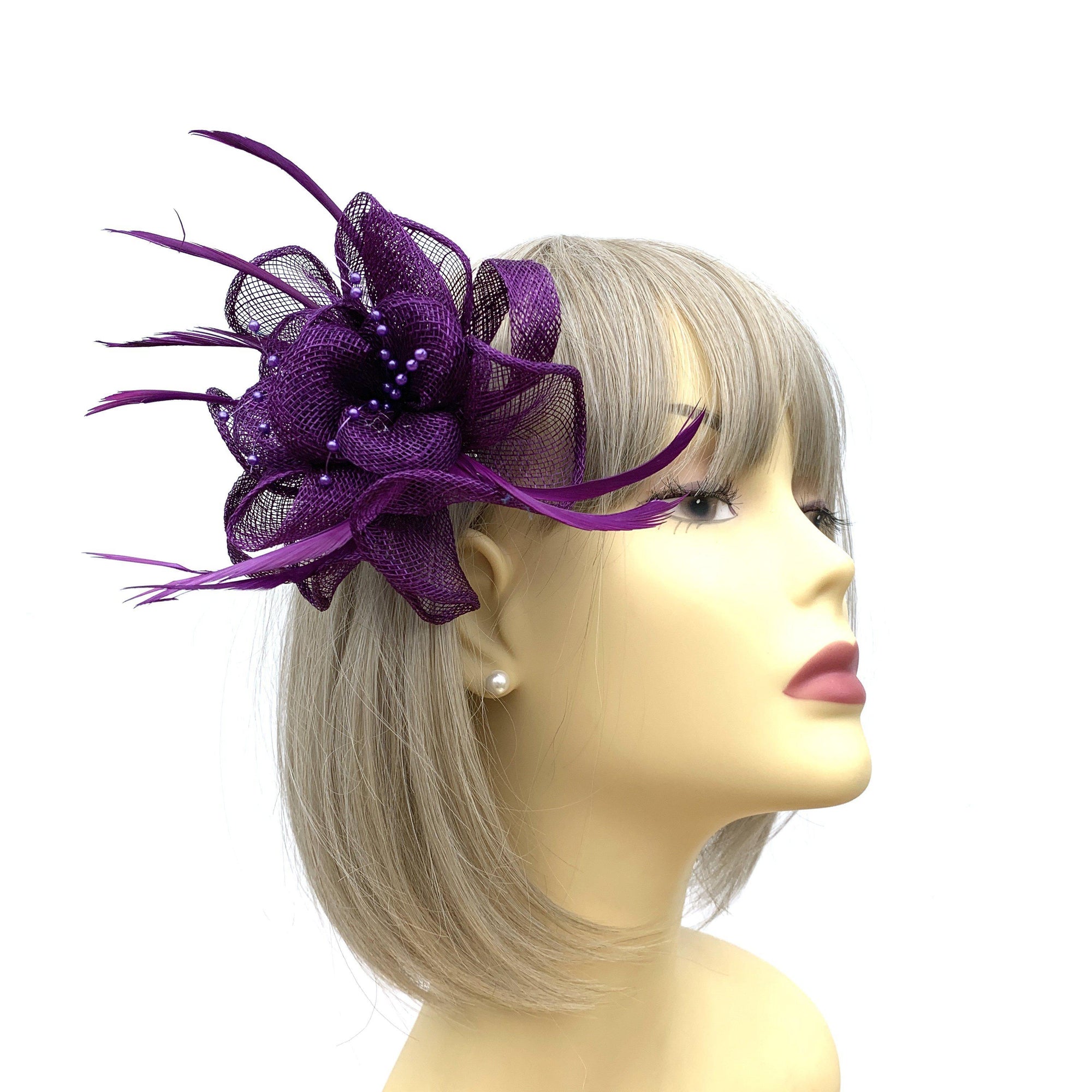 Purple Small Fascinator with Decorative Beads & Feathers-Fascinators Direct