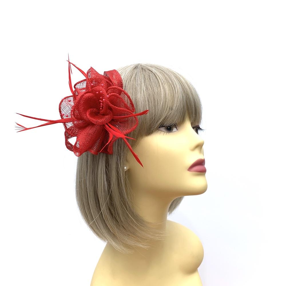 Red Small Fascinator with Decorative Beads & Feathers-Fascinators Direct