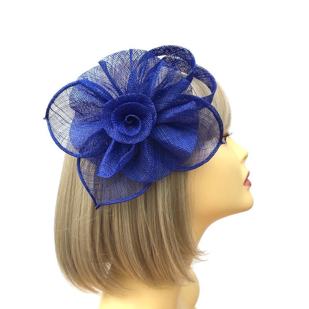 Ruched Sinamay Flower & Leaf Royal Blue Comb Fascinator-Fascinators Direct