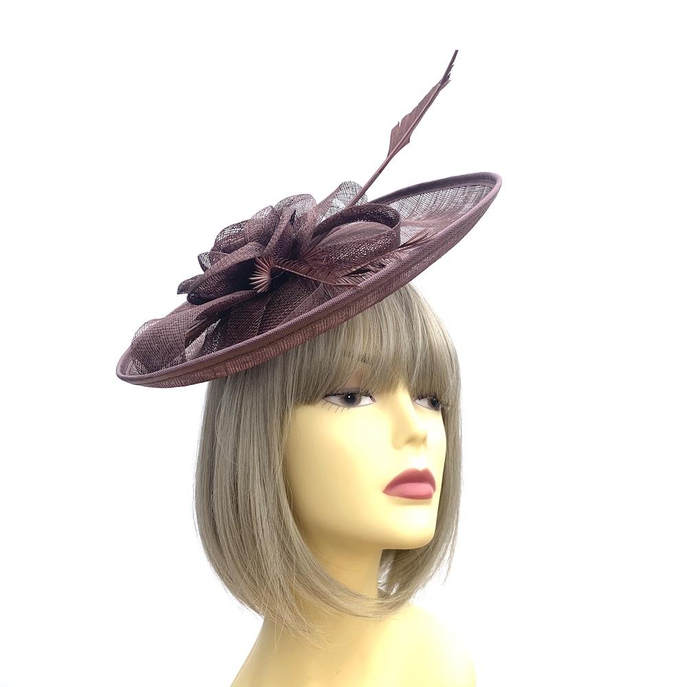 Saucer Style Brown Fascinator Hat with Sinamay Flower & Ribbons-Fascinators Direct